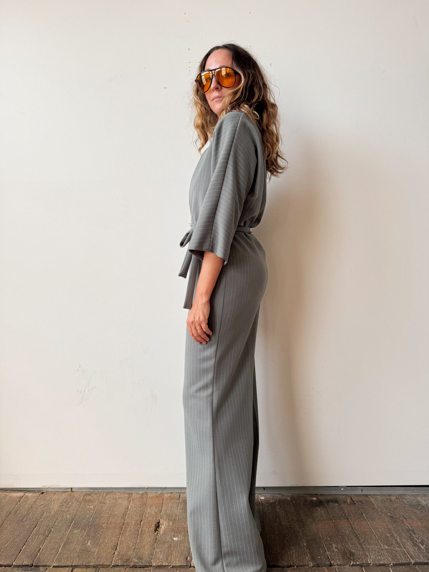 Grey Pinstripe 70s Jumpsuit with Bell Bottoms (M)