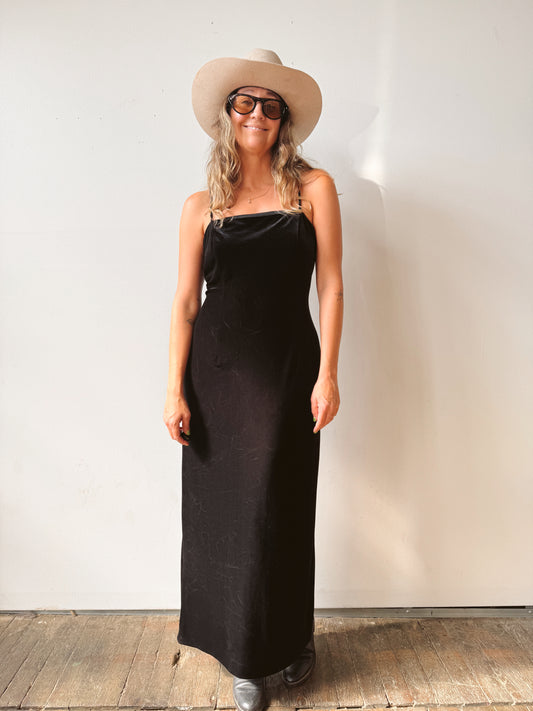 90s Stretch Black Velvet Maxi Dress (M)