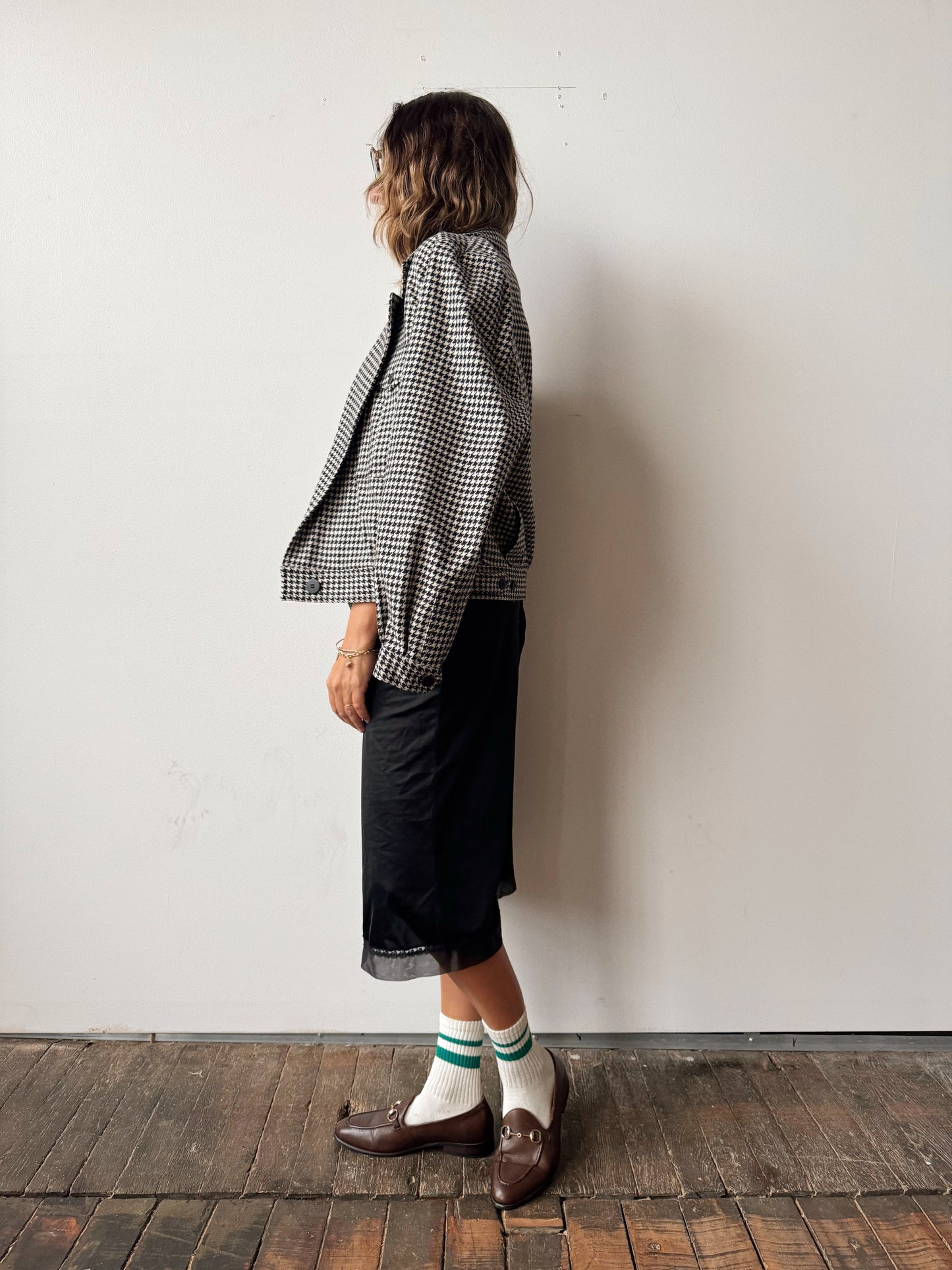 Houndstooth Cropped Wool Blend Jacket (M)