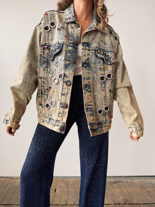 80s Celeste Stein All-Over Sunglass Pins Denim Jacket (M)