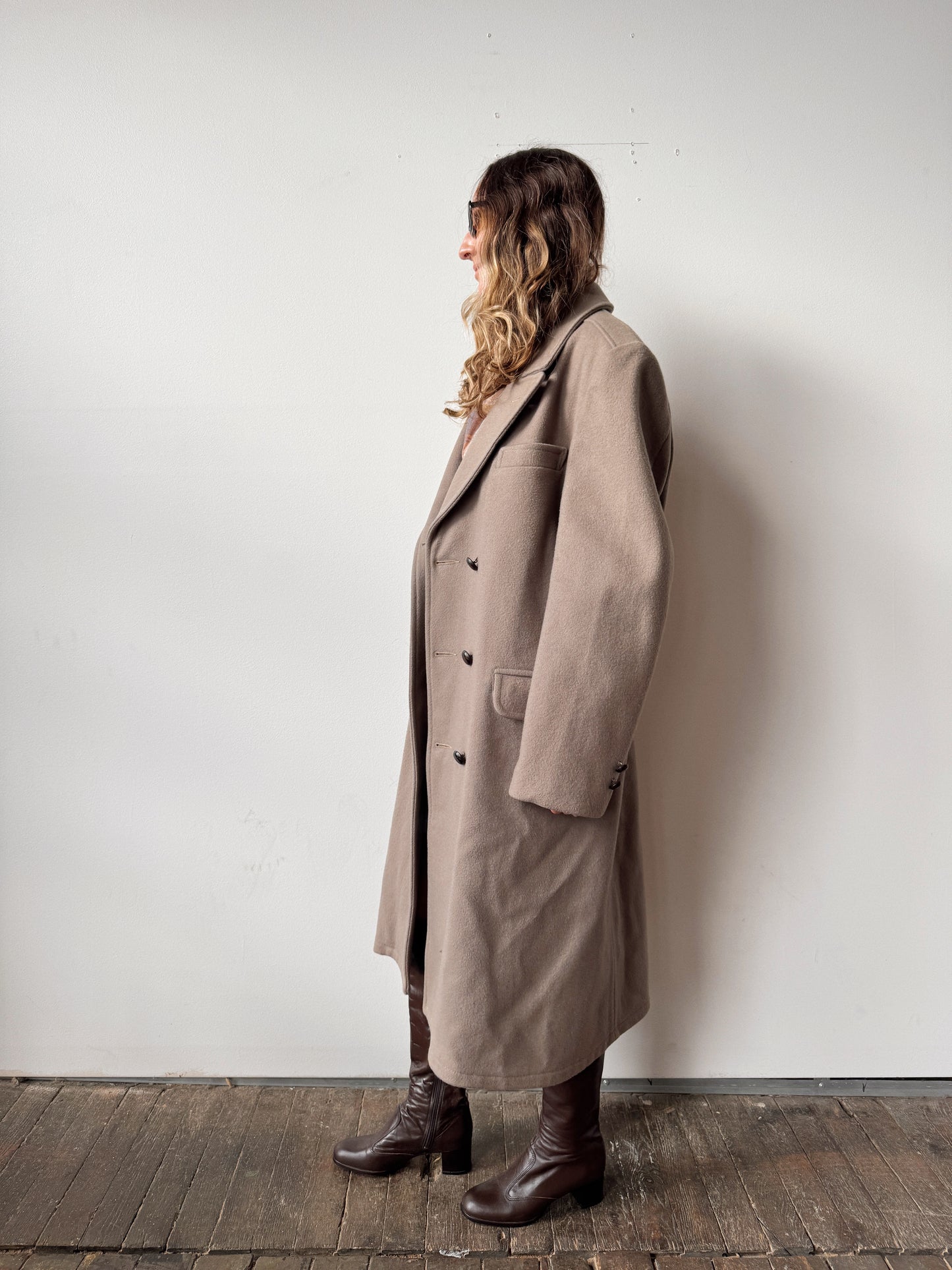 Wool Greige Double-Breasted Coat (L)