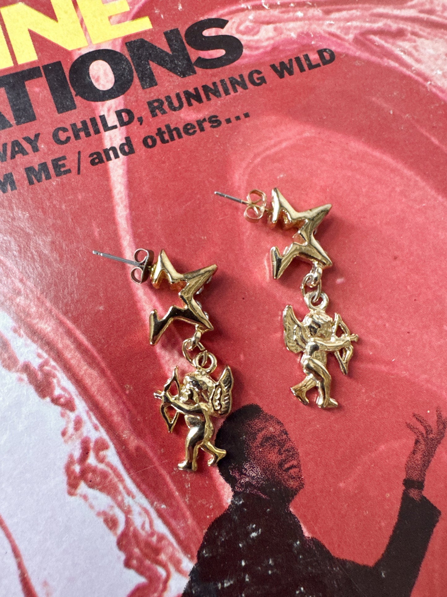 Rhinestone Star and Cupd Gold Tone Earrings