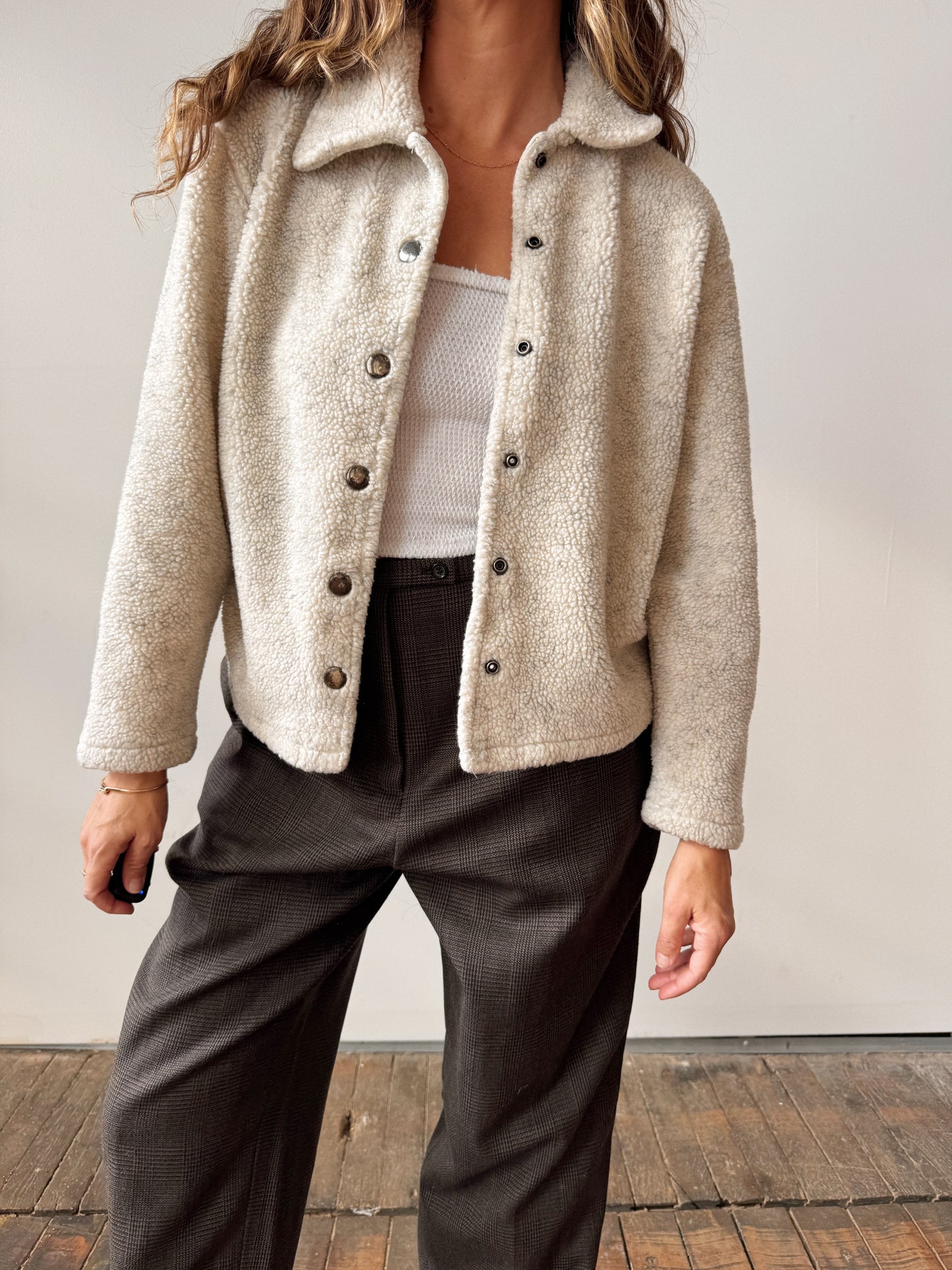 Oatmeal Boucle Snap Front Sweater Jacket (S)