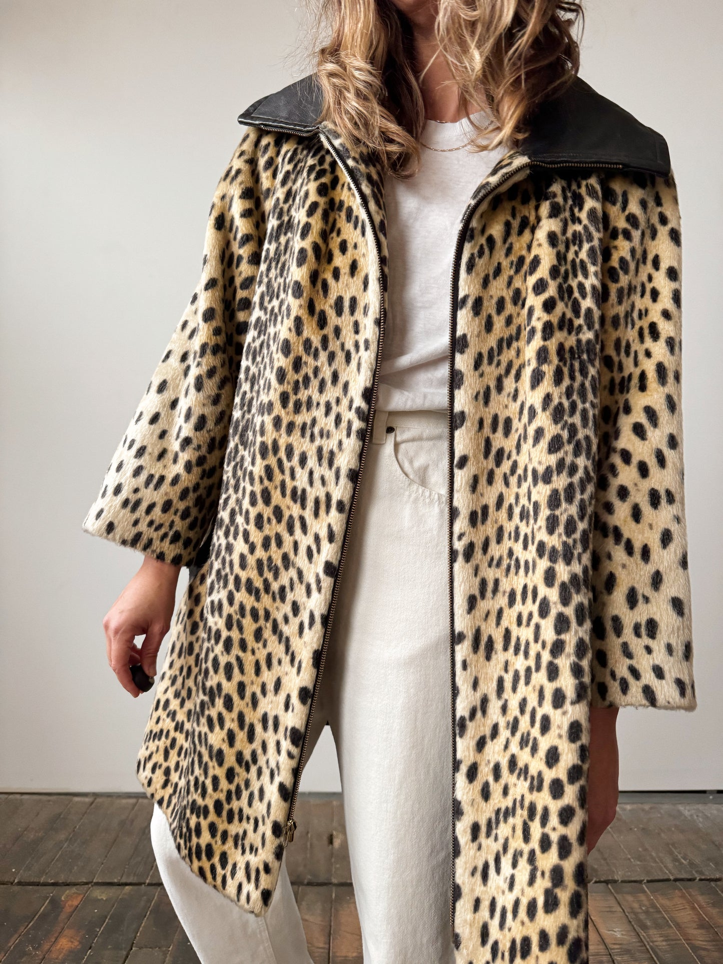 60s Safari Leopard Coat and Leather Swing Coat (M)