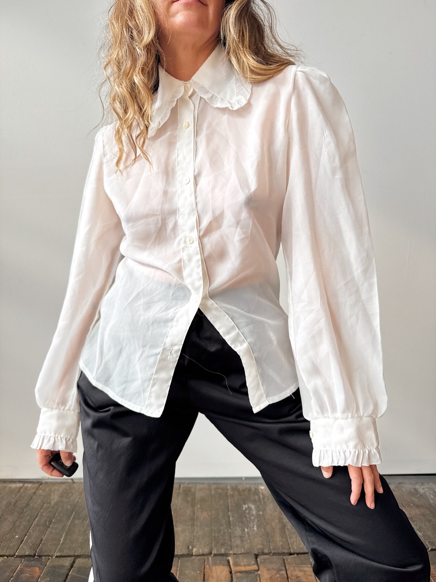 Sheer Chiffon 70s Savvy Ruffle Blouse (XS)