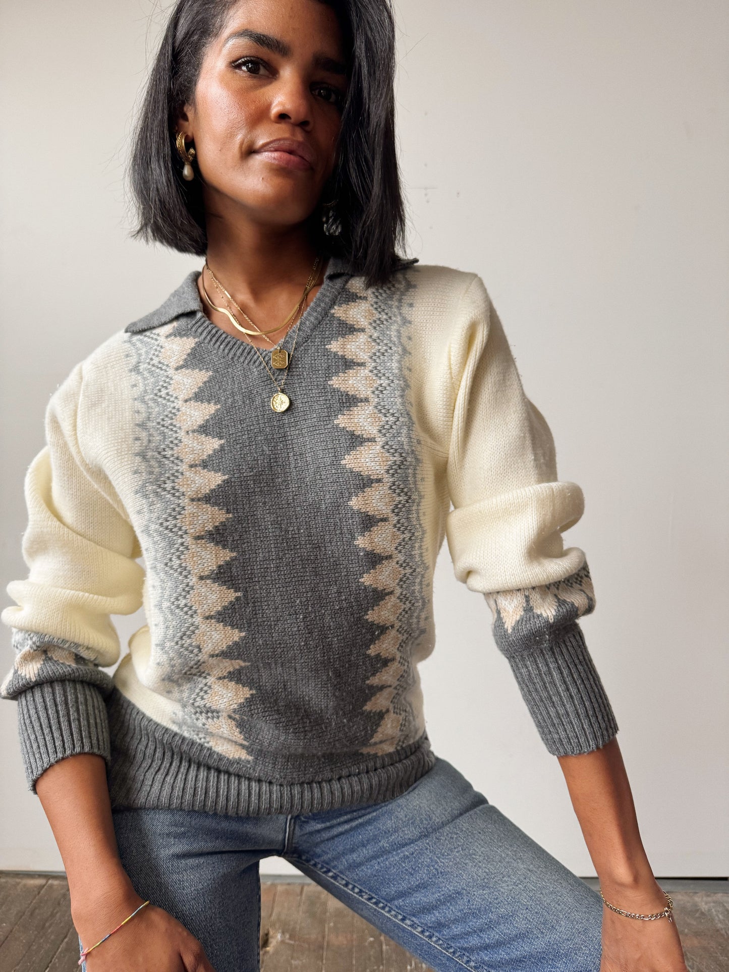 80s Clearwater Collared Knit Sweater (M)