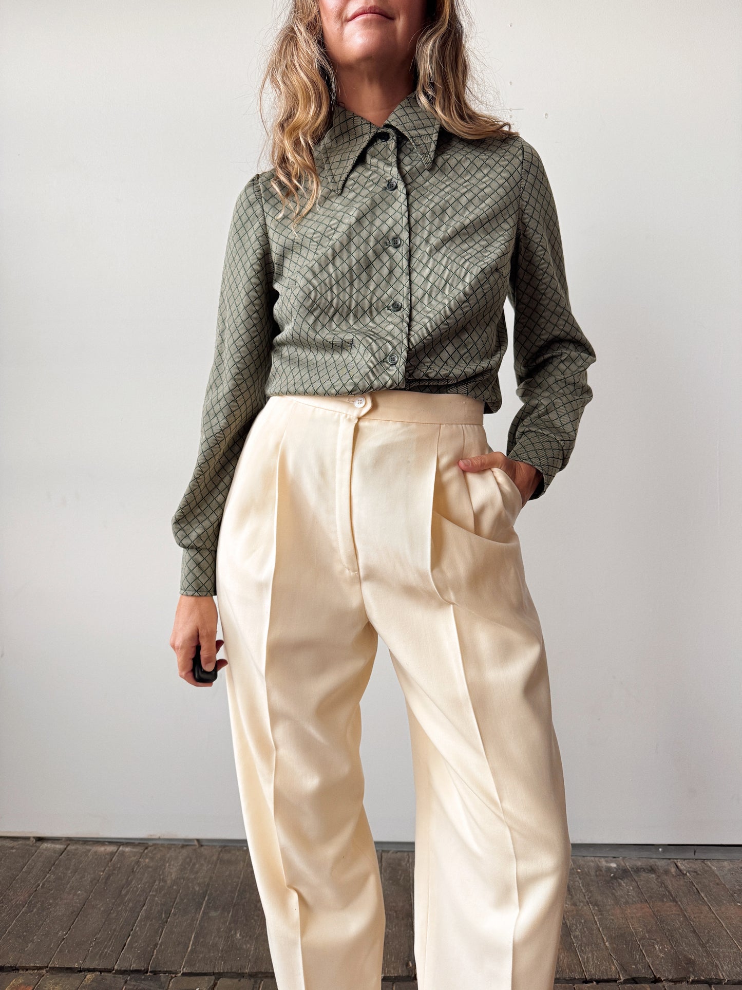 70s Green Herringbone Blouse (XS)