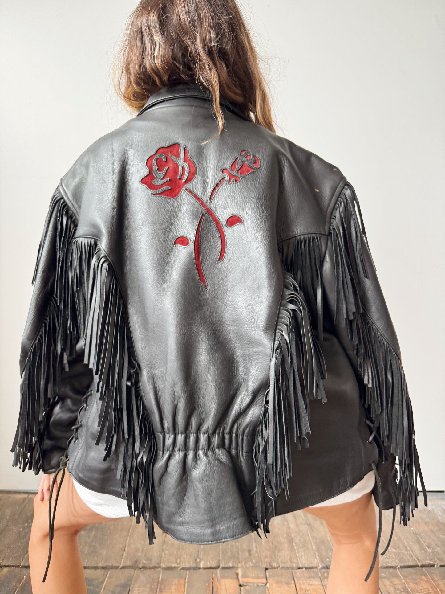 Leather Fringe Motocycle Jacket with Rose Cut-out Details (XL)