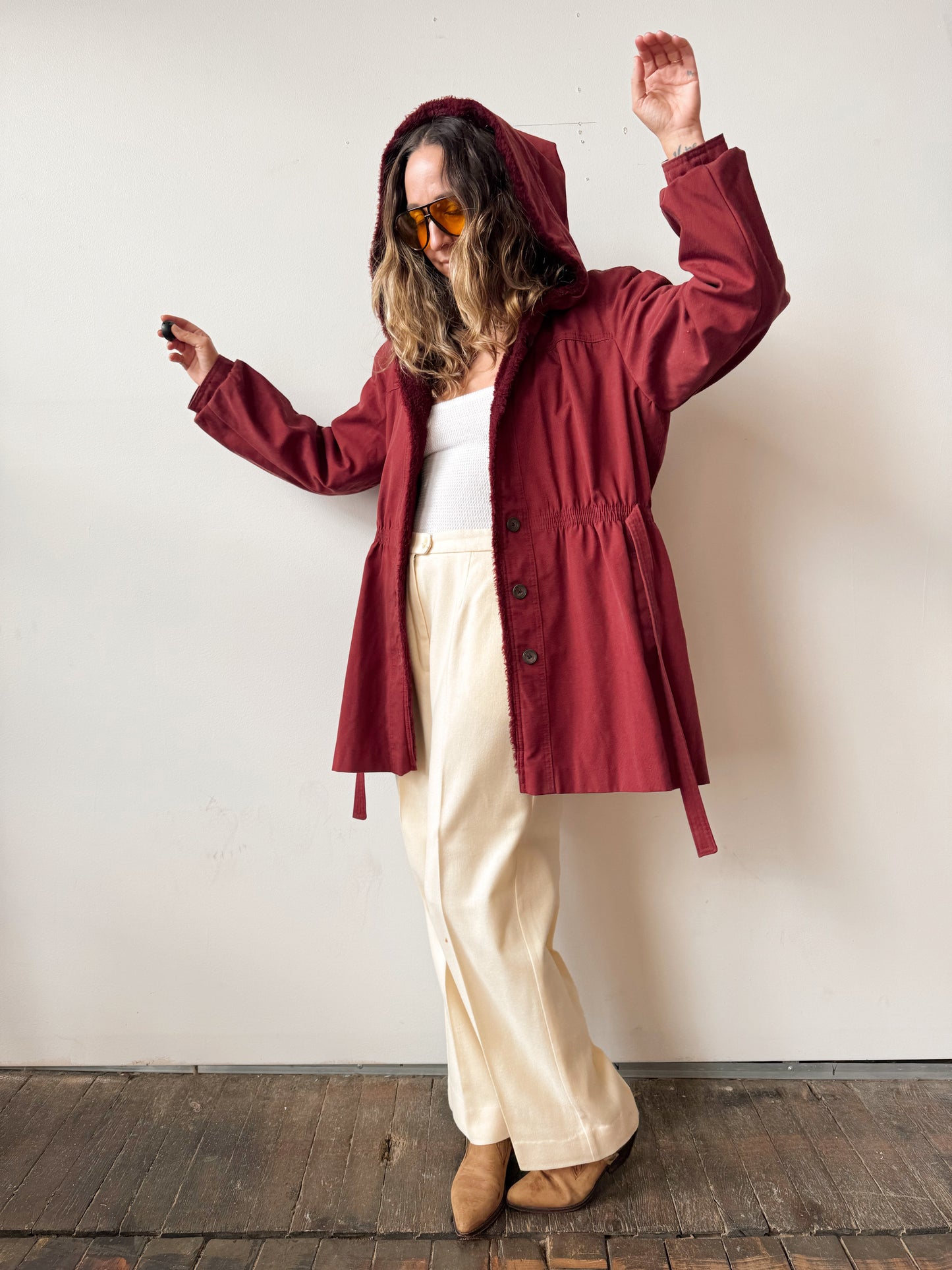 Burgandy Bonders Hooded Faux Fur-lined Coat (M)