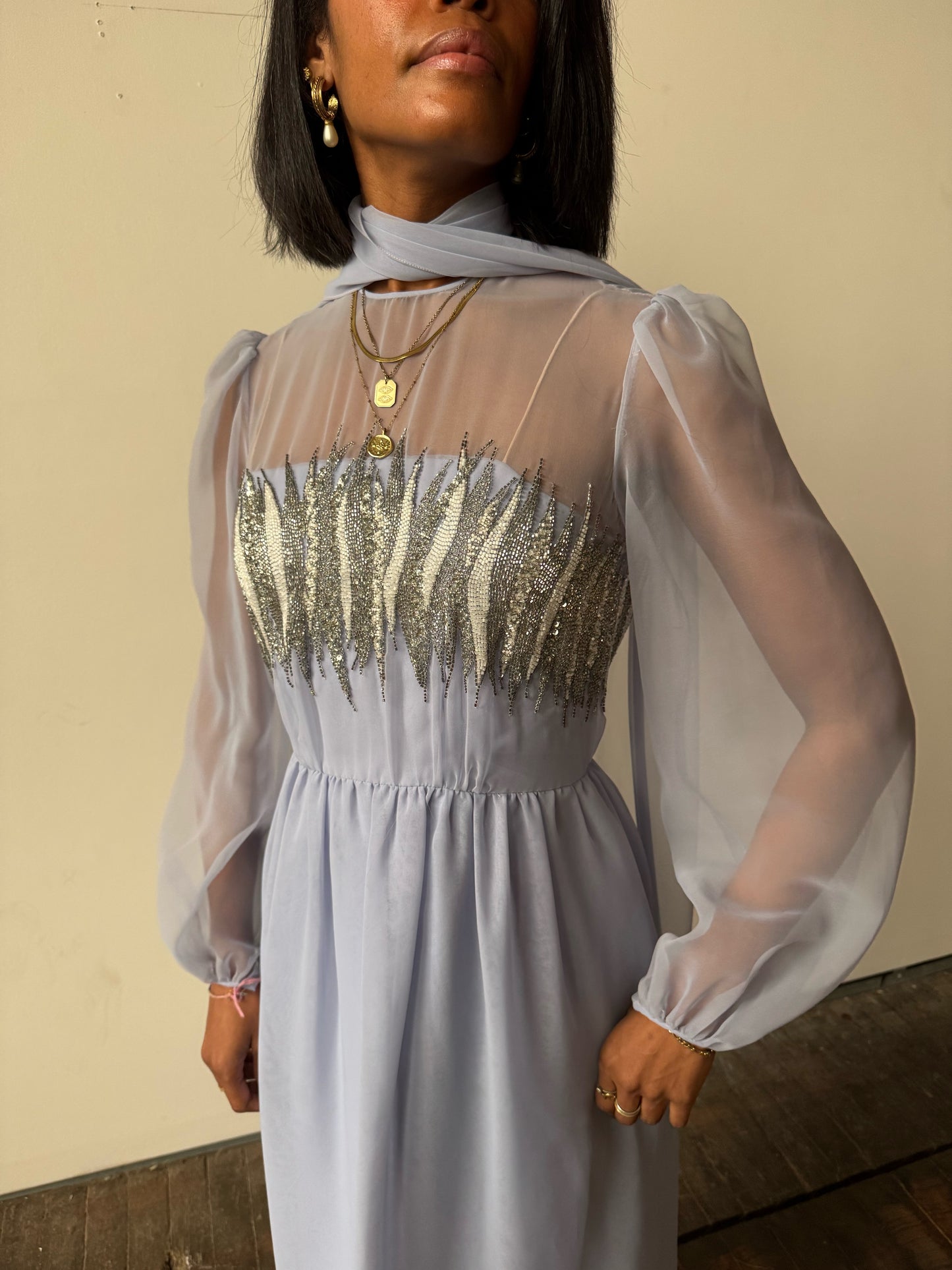 Vintage Beaded Chiffon Sheer Details 70s Dress (M)