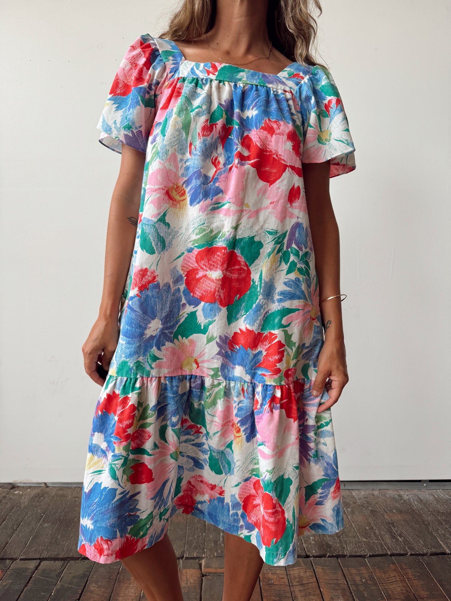 Hibiscus Washed Vintage Mumu Cotton Dress (M)
