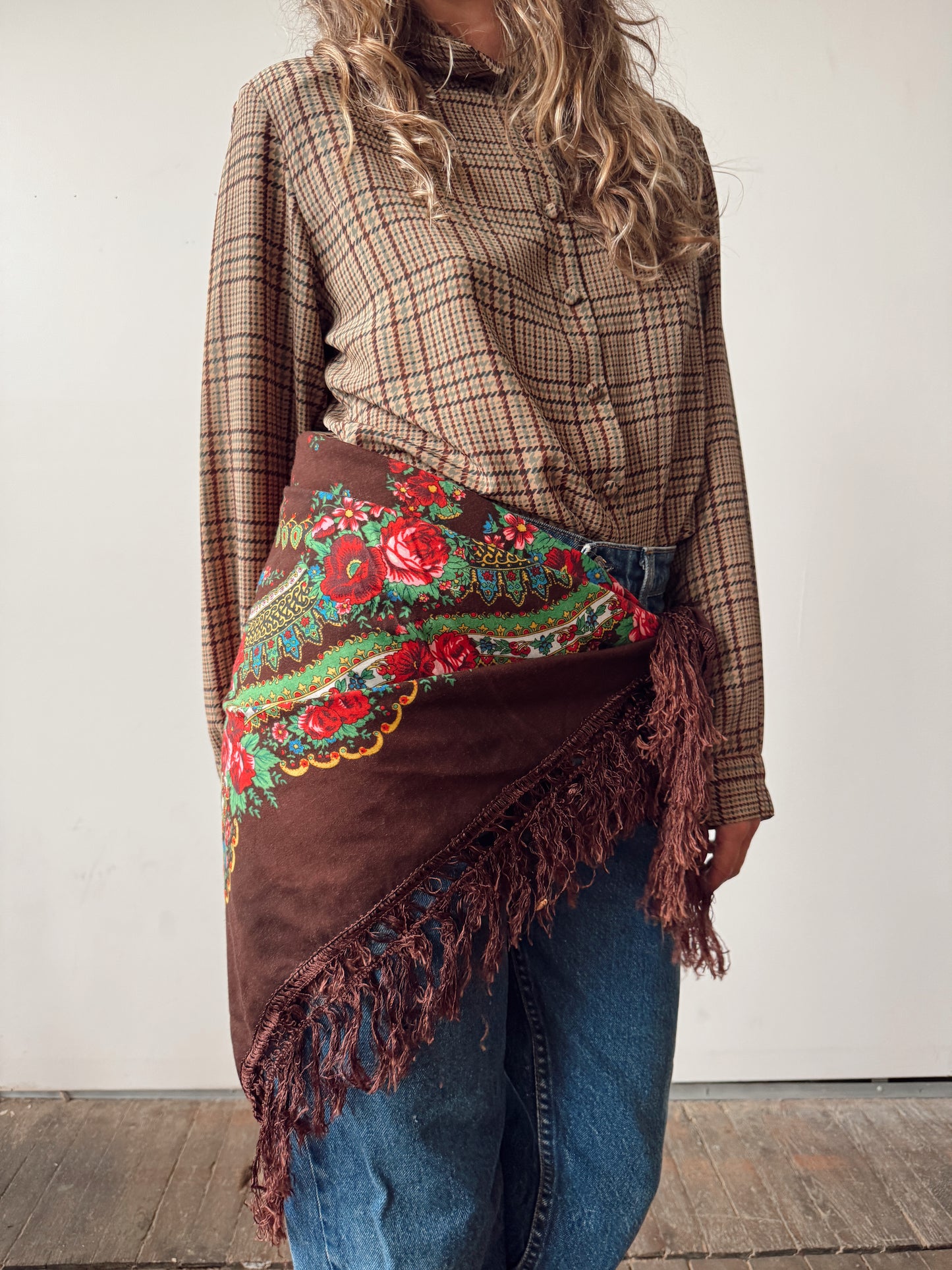 Brown Floral Oversize Fringe Scarf (35x35")