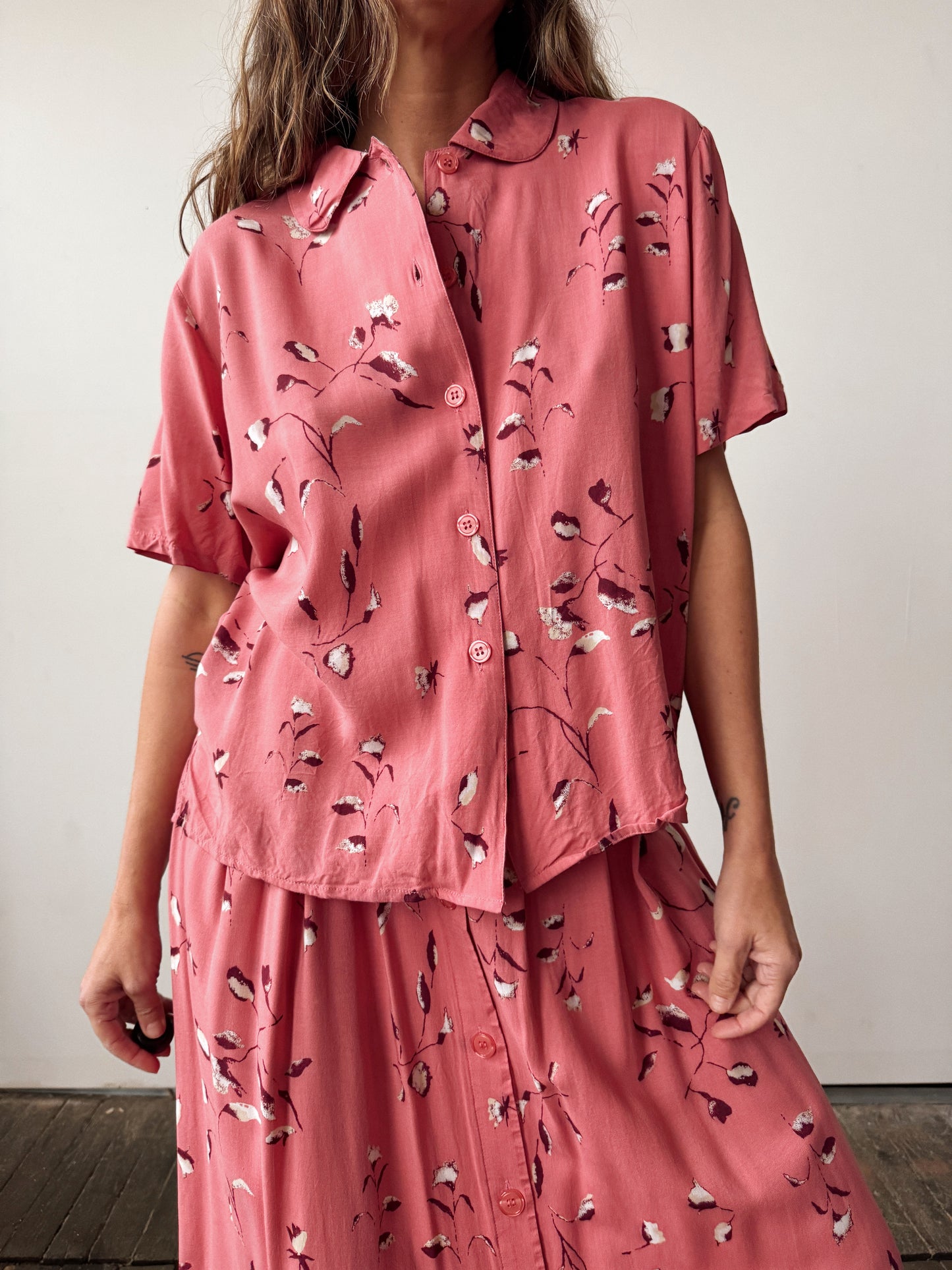 Coral 90s Floral Match Skirt Set (M)