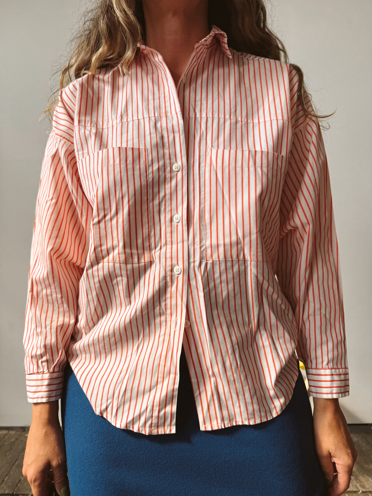 Red Candy Striped Woven Cotton Blouse (S)