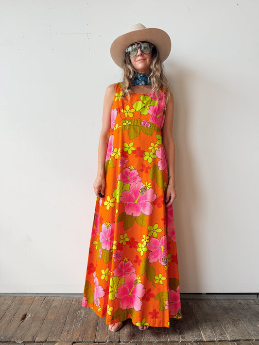 70s Miss Hawaii Tropical Floral Dress (M)
