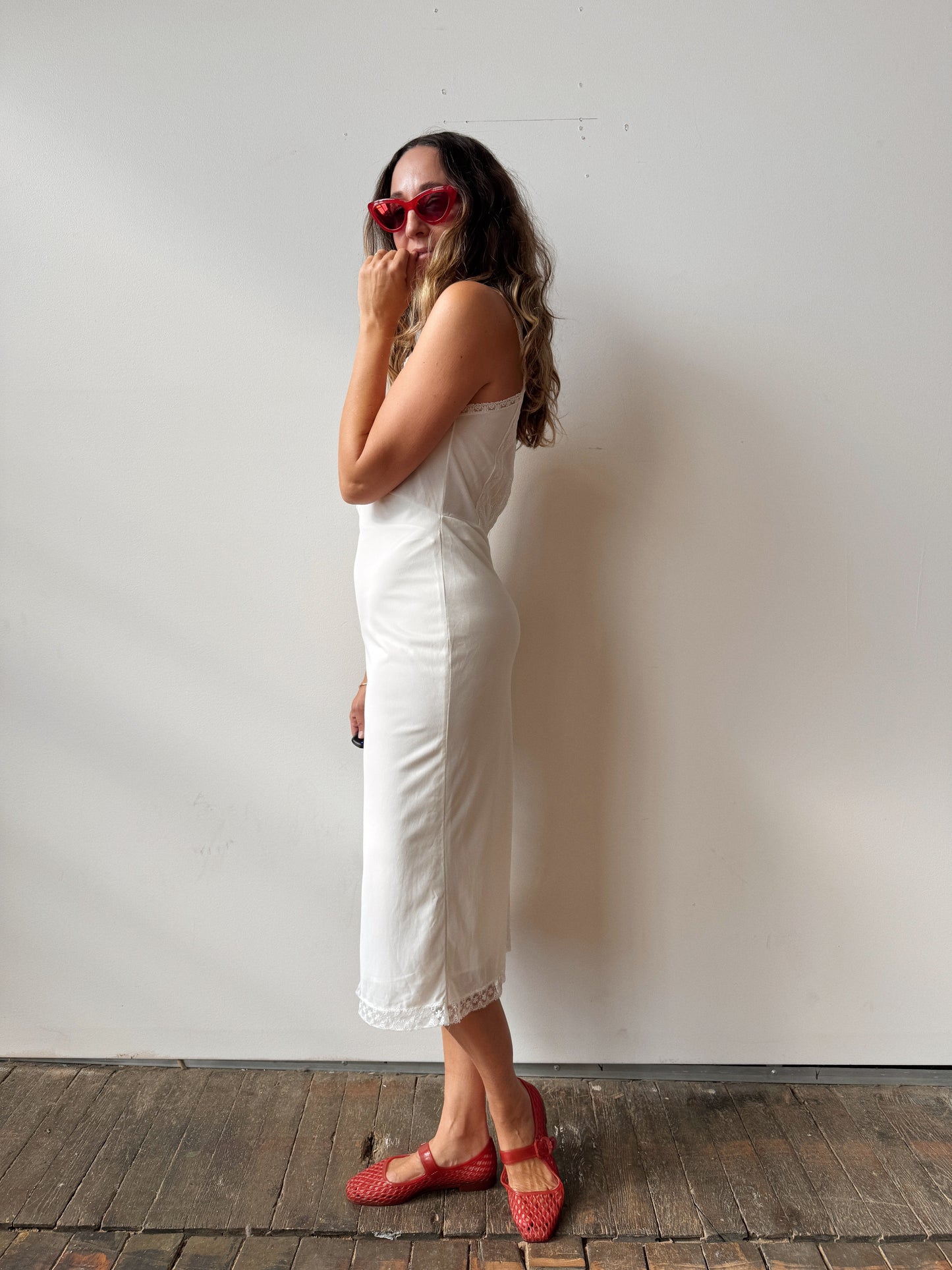 60s Vintage Embroidered White Slip Dress (M)