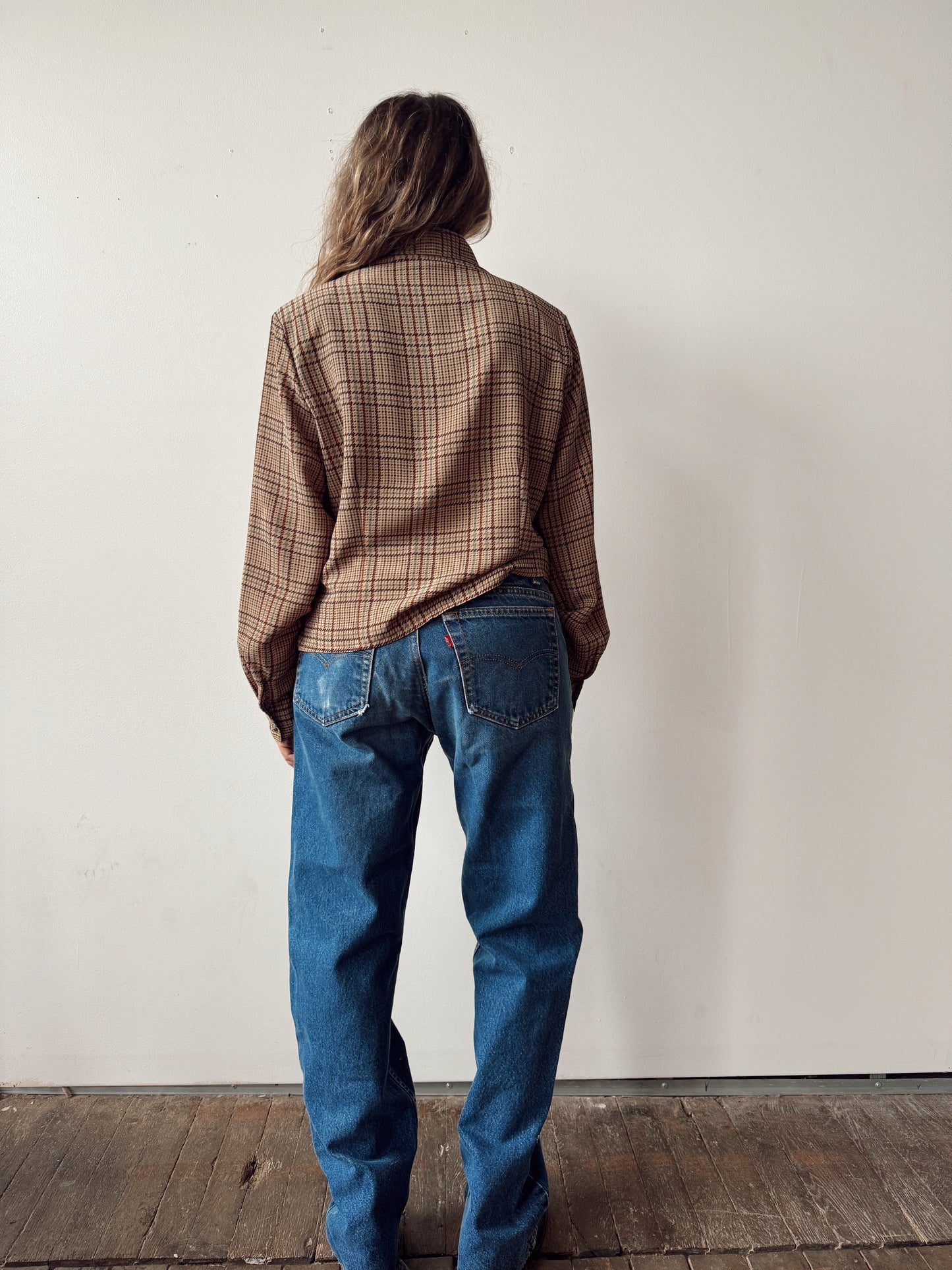 Tan Plaid 90s Blouse (M)