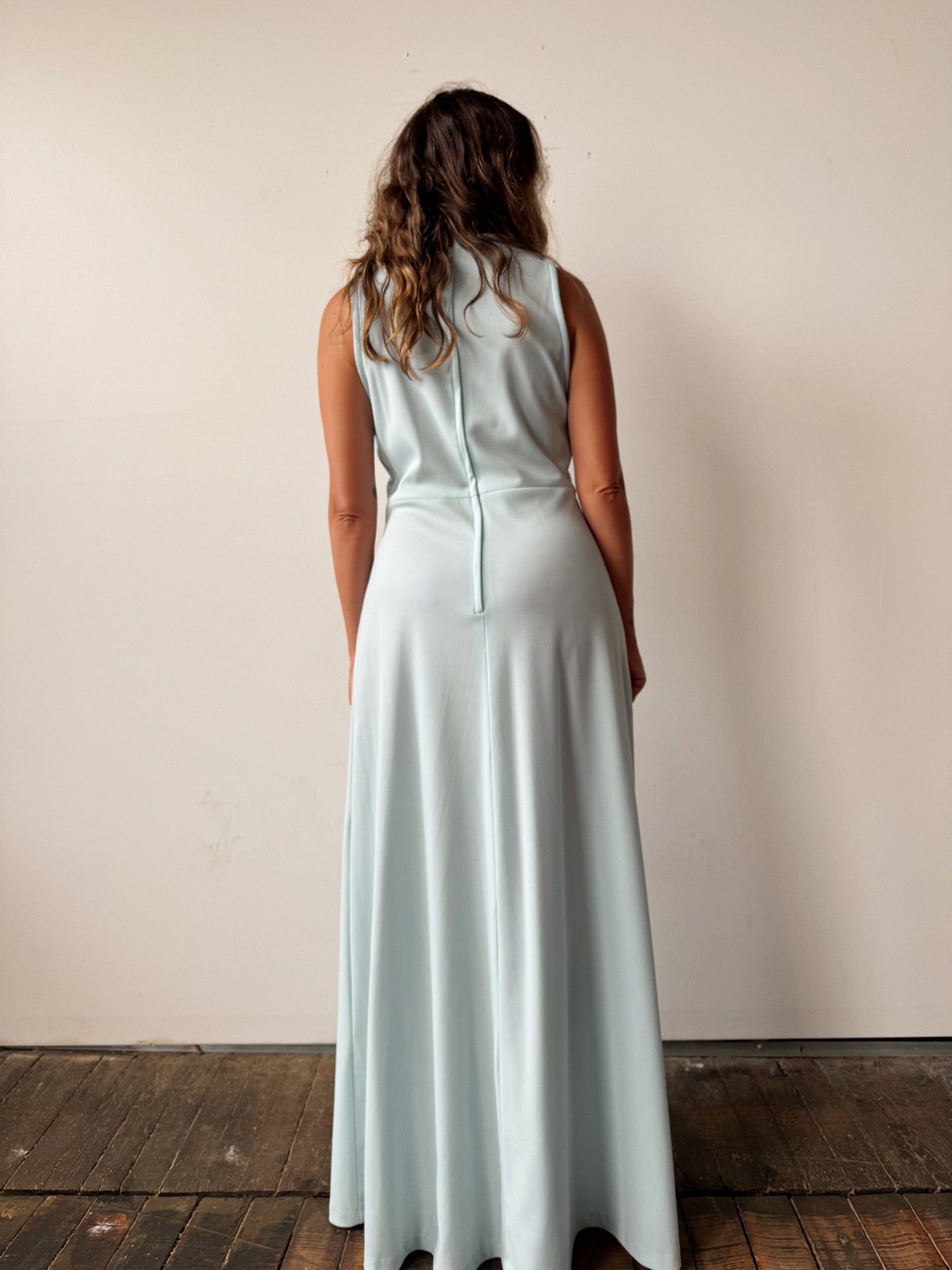 60s Polyester Baby Blue Maxi Dress with Seaming (M)