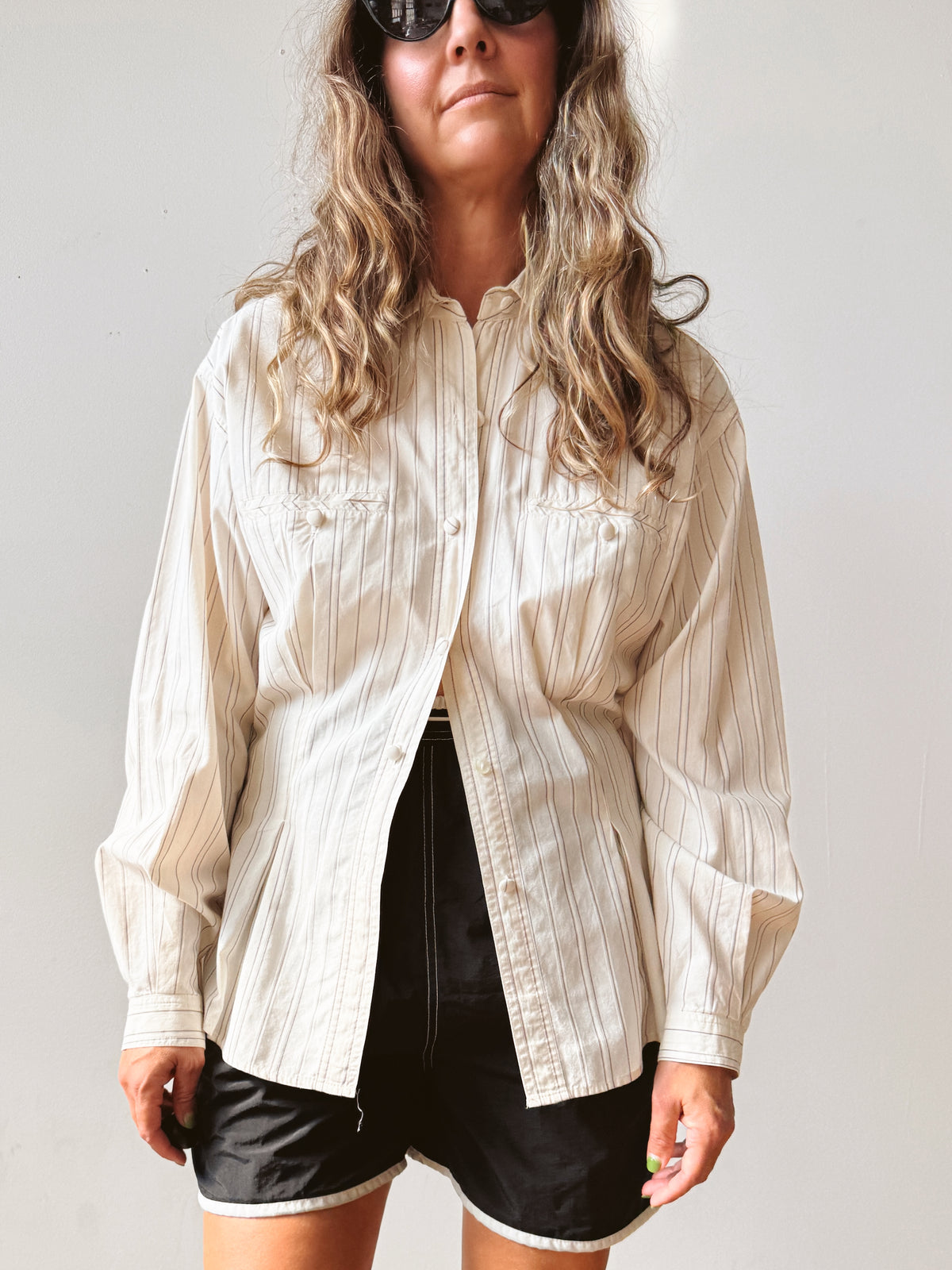 Pinstriped 90s Collared Woven Shirt (S)