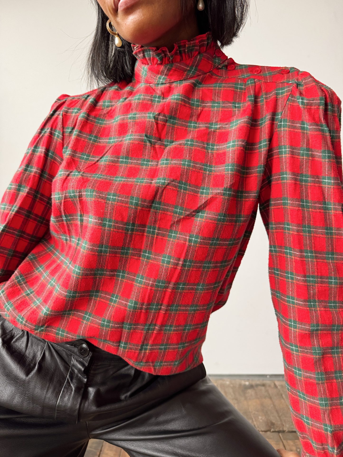 Holiday Plaid and Ruffle Collar Blouse (M)