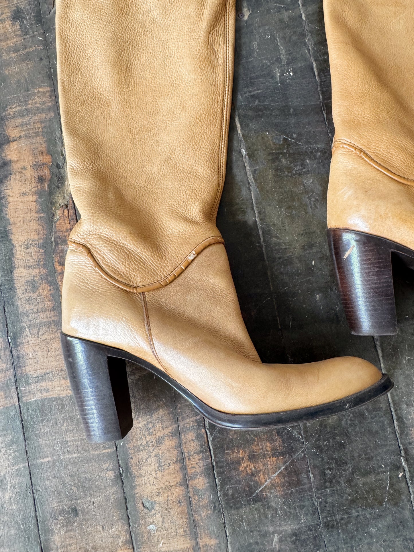 Leather Camel Stacked Heel Knee Boots (38)