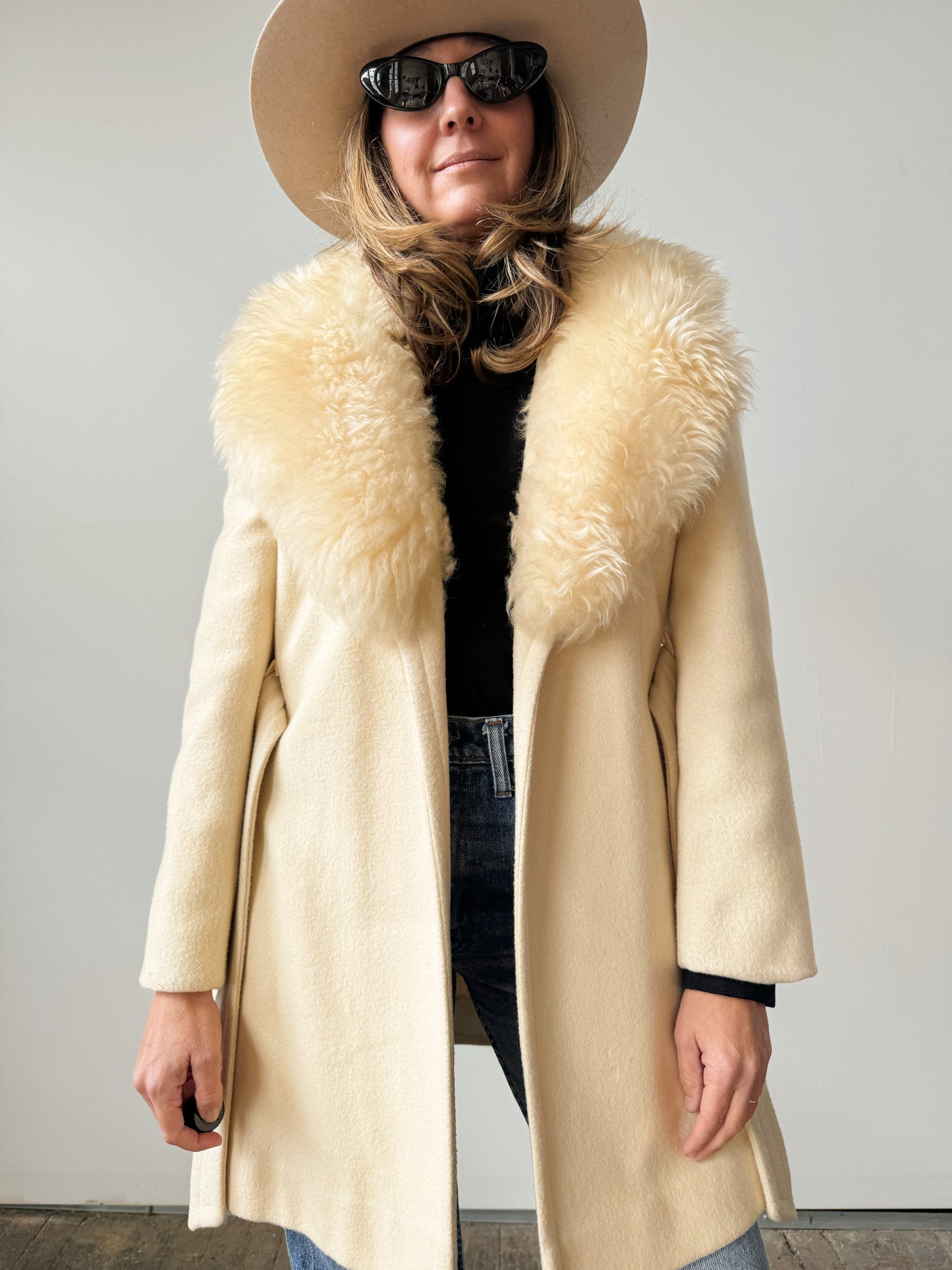 Cream Belted 70s Faux Fur Wool Jacket