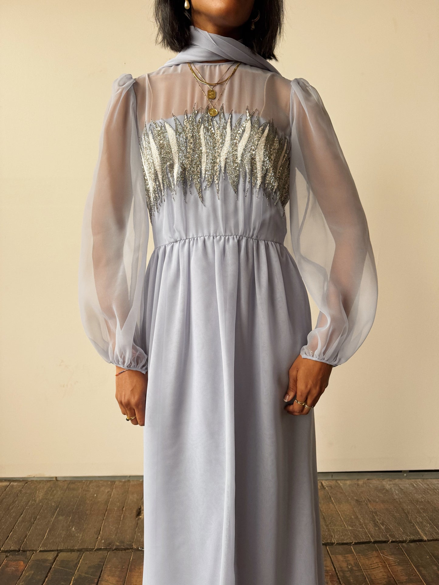 Vintage Beaded Chiffon Sheer Details 70s Dress (M)