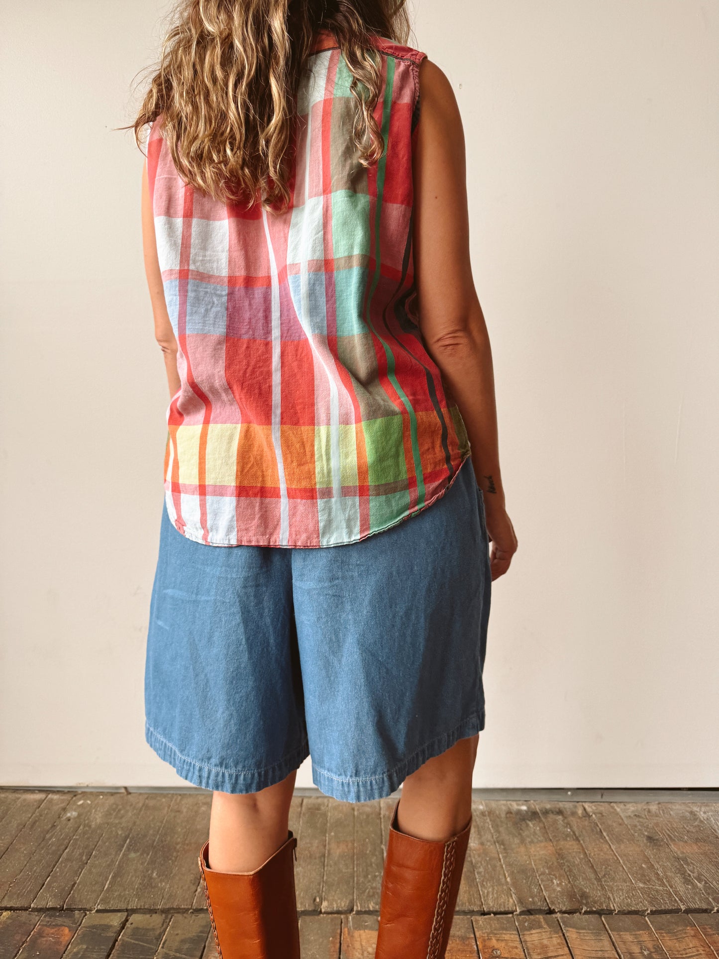 80s Short Circuit Plaid Colorful Sleeveless Top (M)