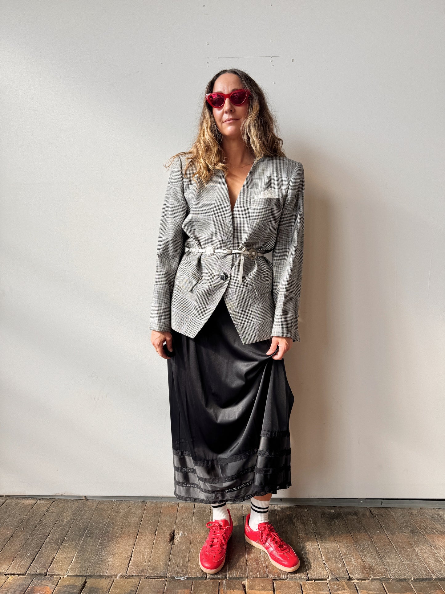 V-Neck One-Button Houndstooth Blazer (M)