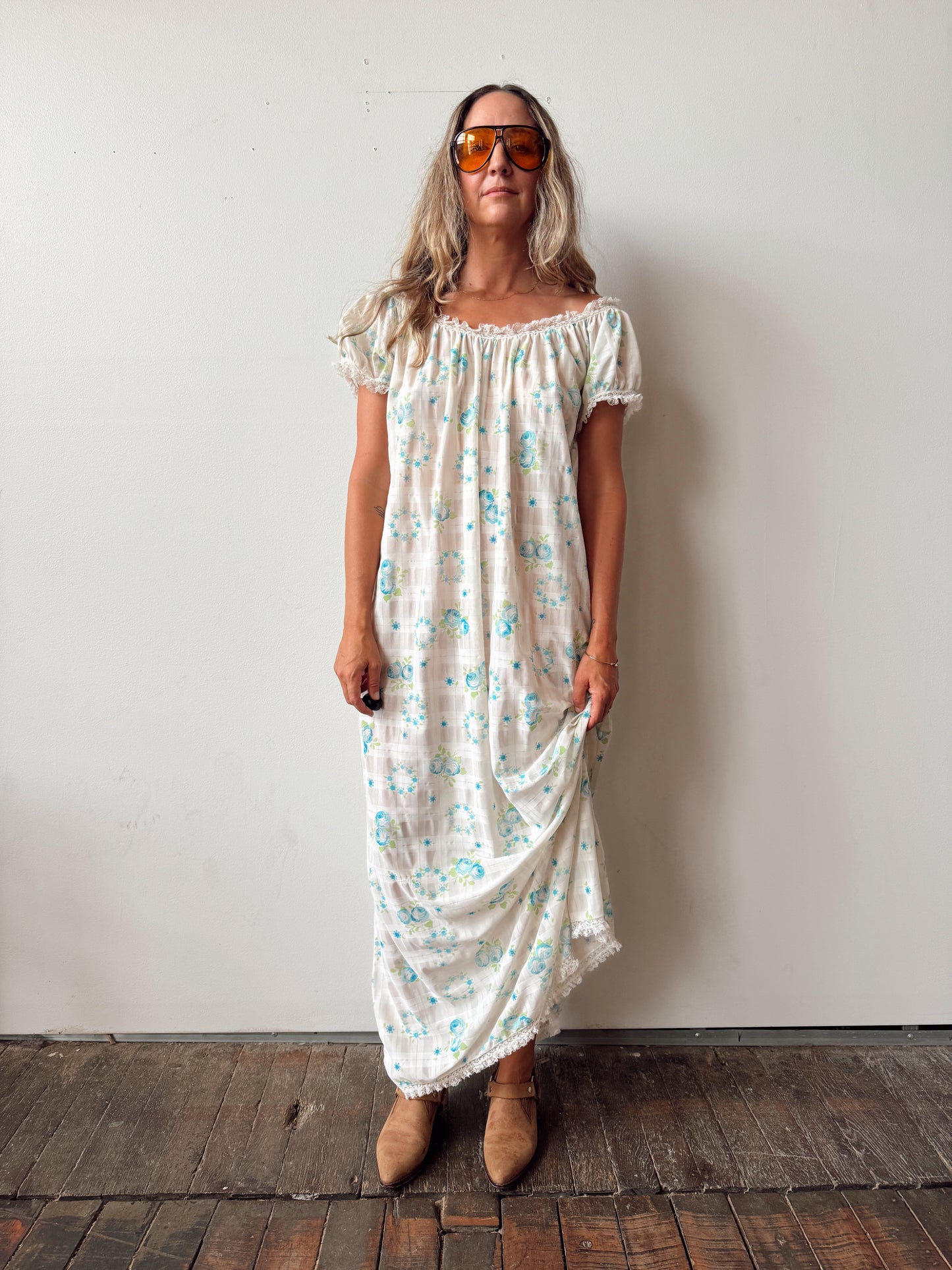 70s Nylon Lace Maxi Floral Dress (M)