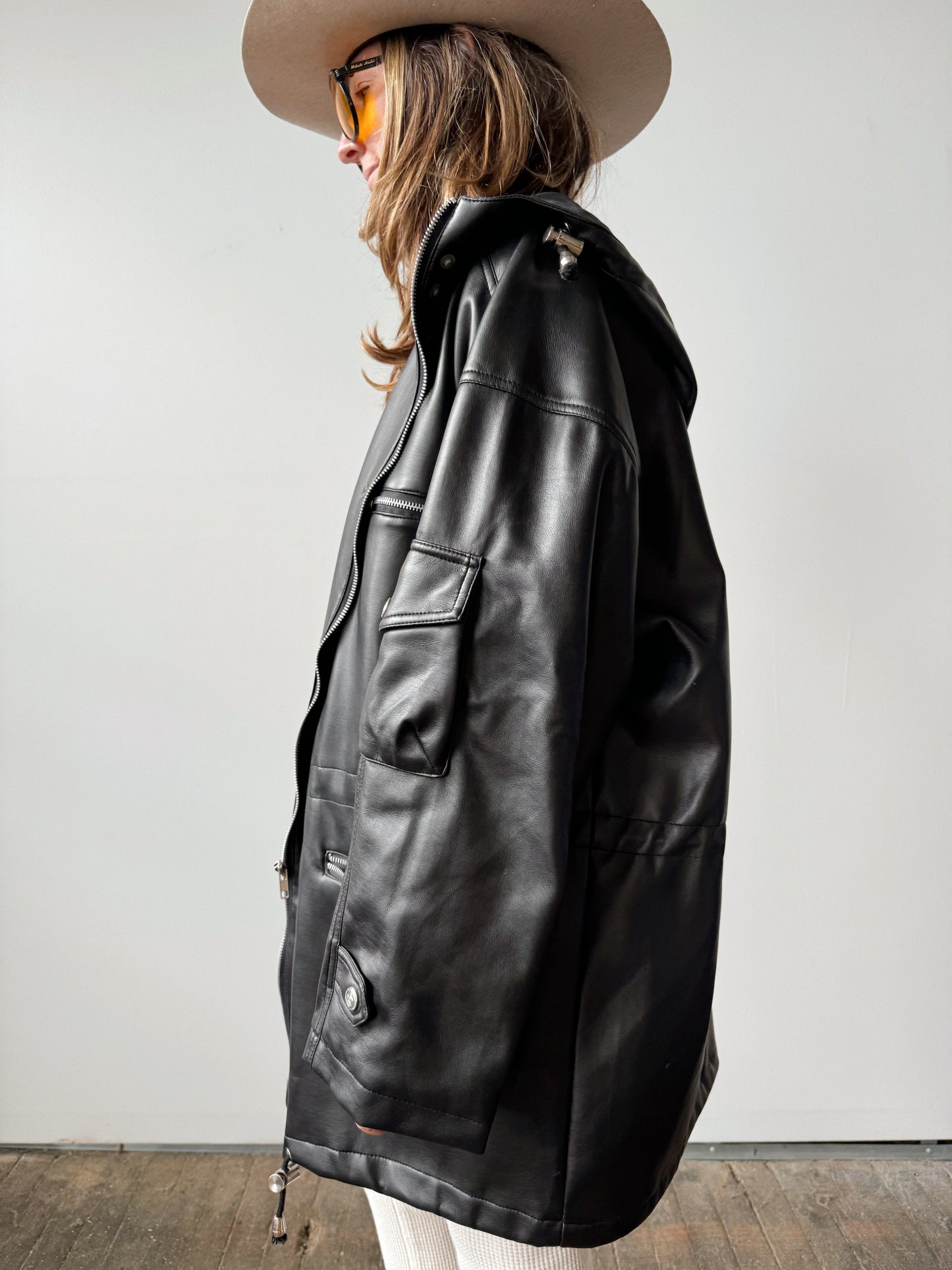 Faux Leather Zip Pocket Coat (L)