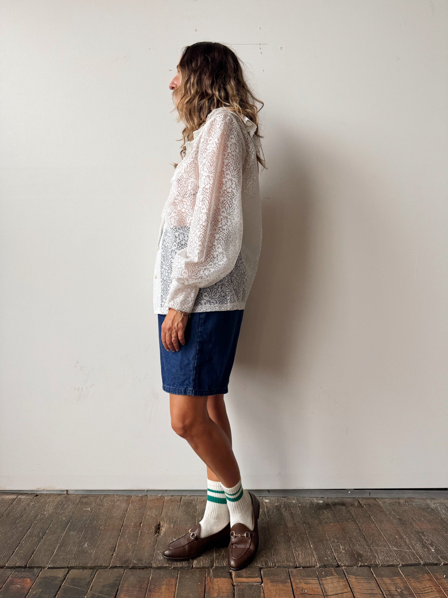 Lace 1950s Nylon Ruffle Blouse (M)