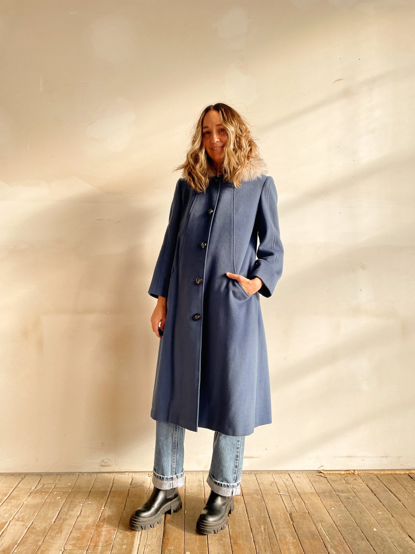 Blue Swing Coat with Fur Collar