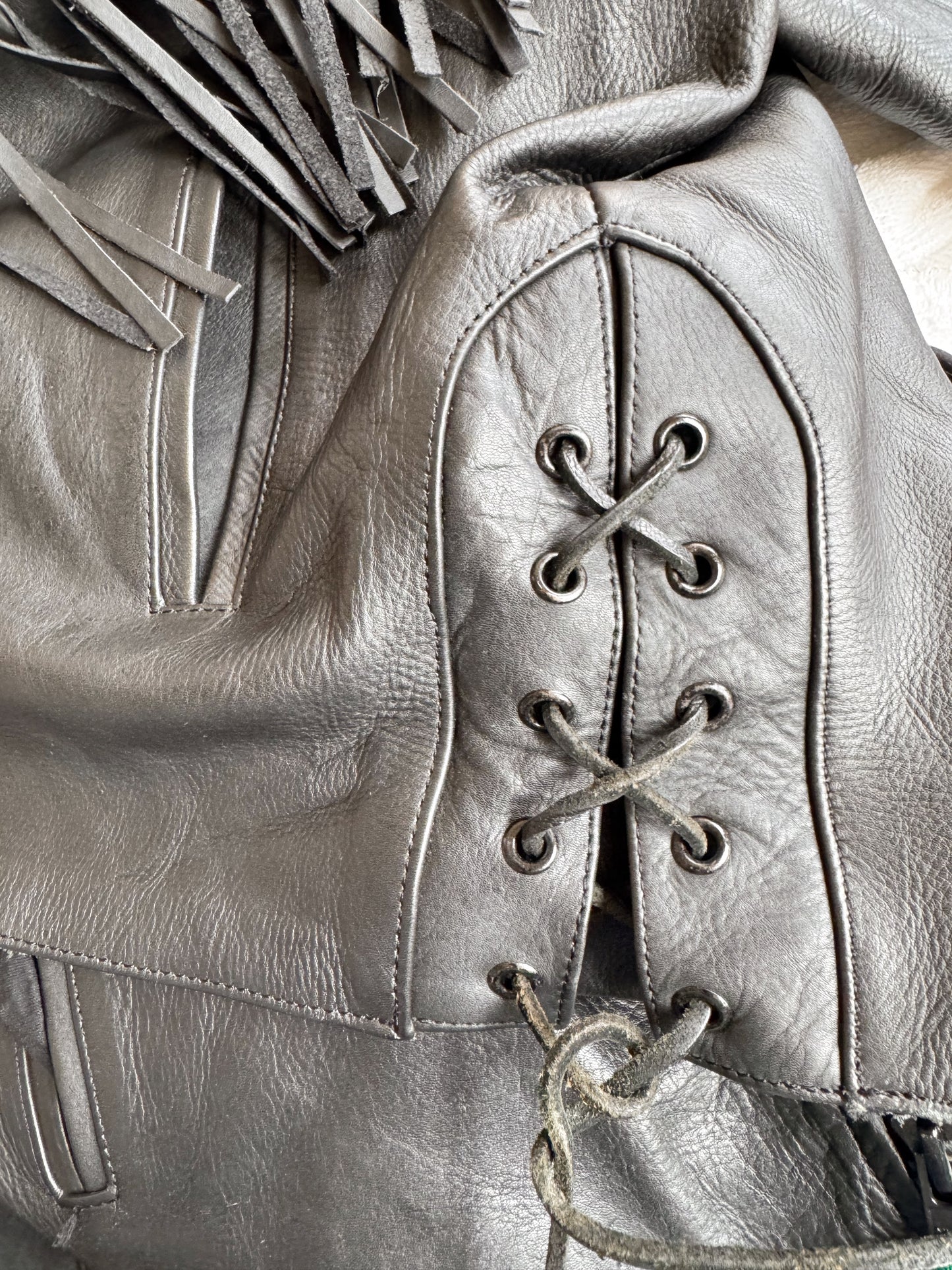 Leather Fringe Motocycle Jacket with Rose Cut-out Details (XL)