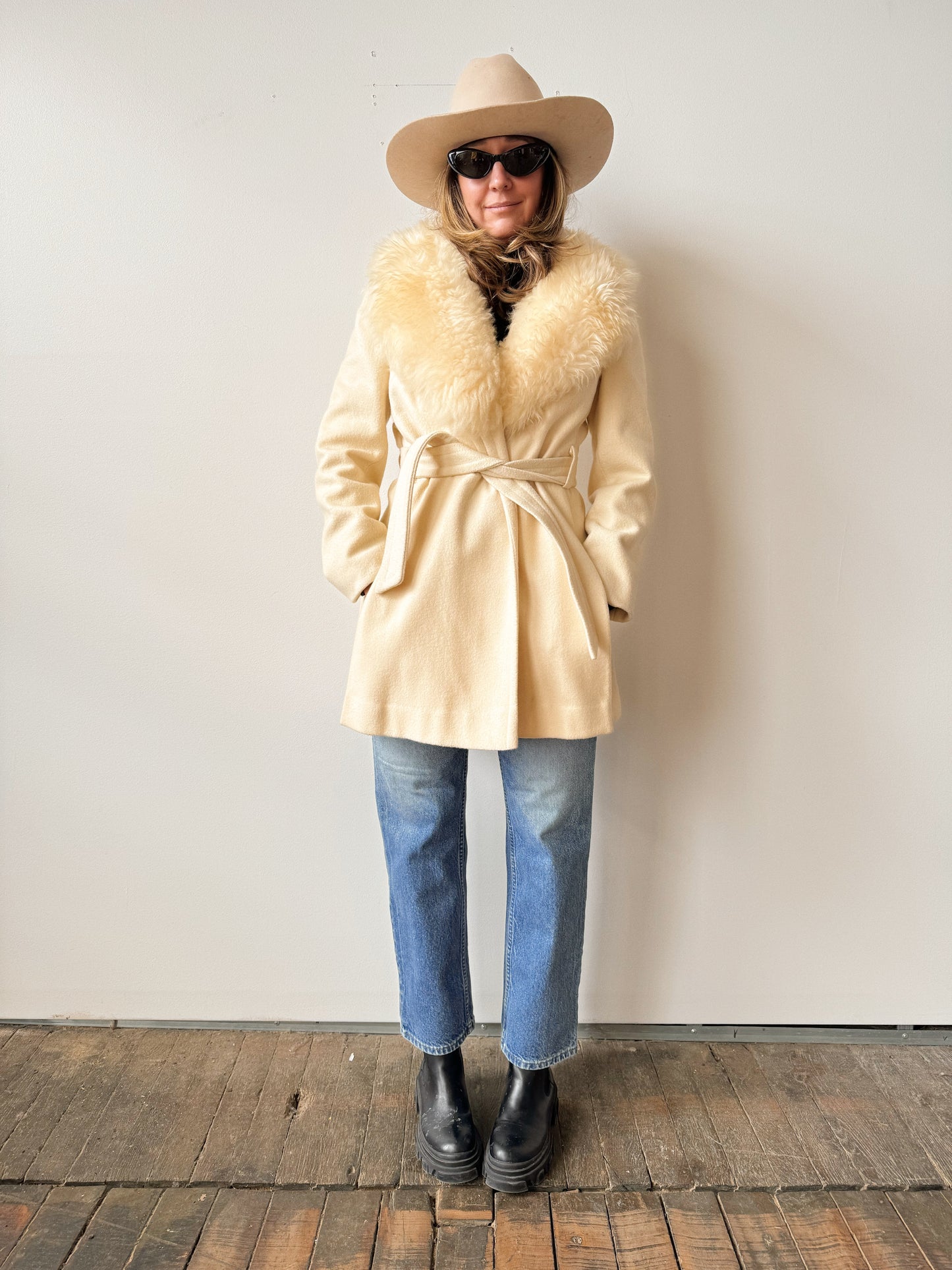 Cream Belted 70s Faux Fur Wool Jacket