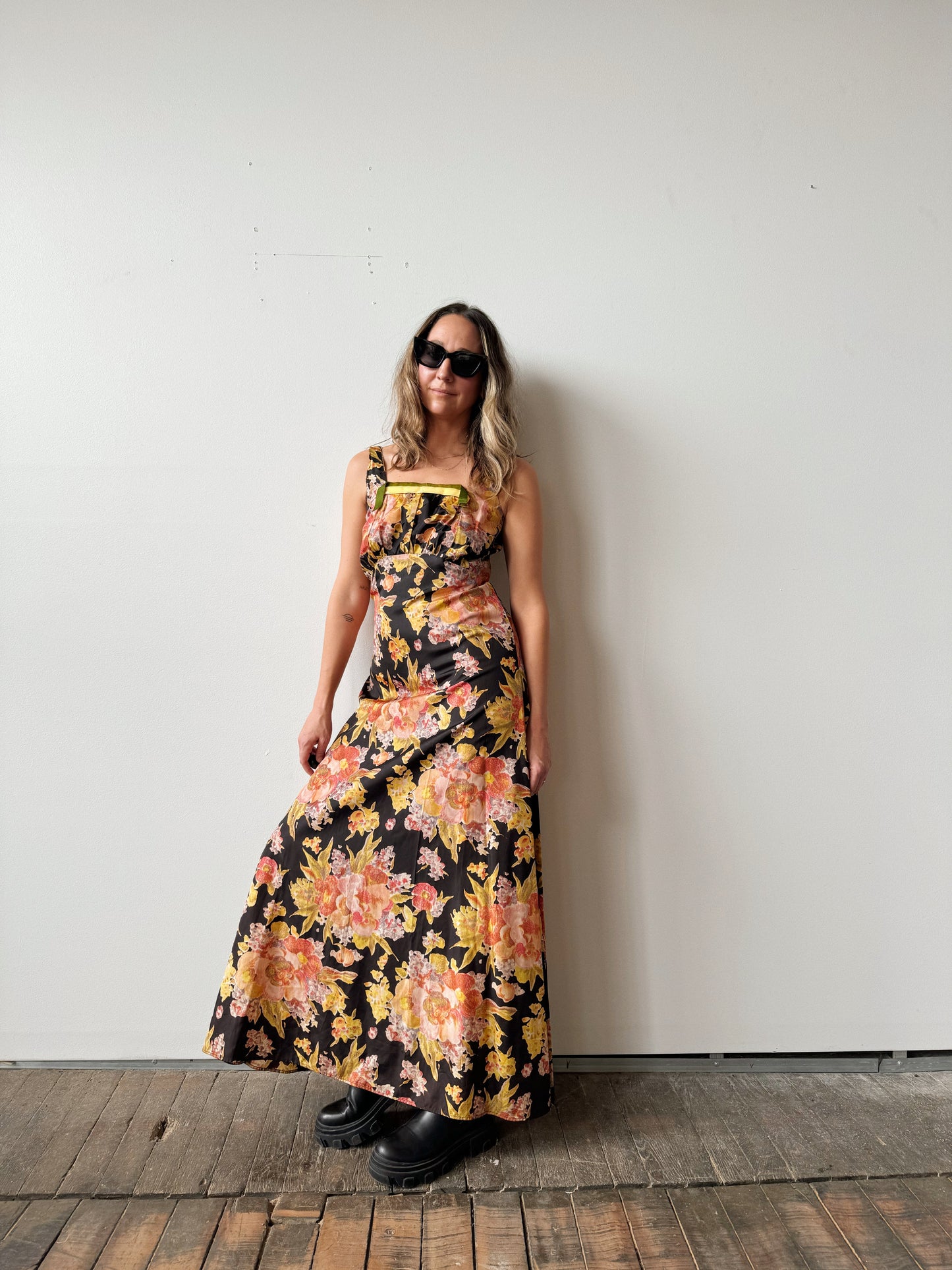 30s Silk Acetate Floral Dress with Velvet Ribbon (S)