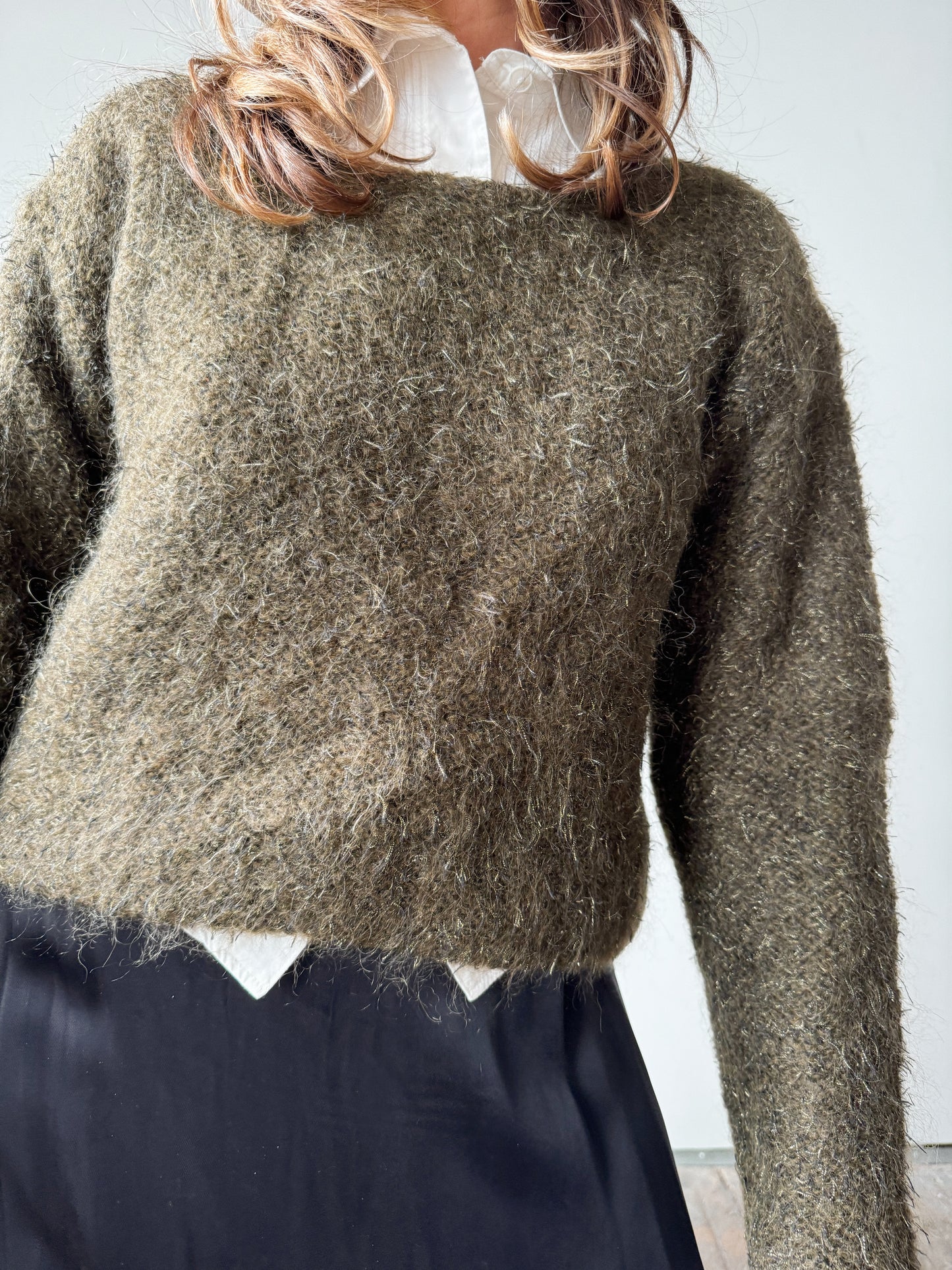 Metallic Mohair Cropped Khaki Sweater (S)