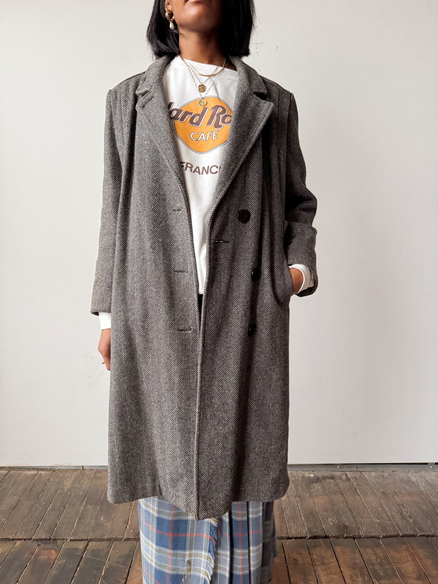 Herringbone Wool Coat with Red Sateen Lining (M)