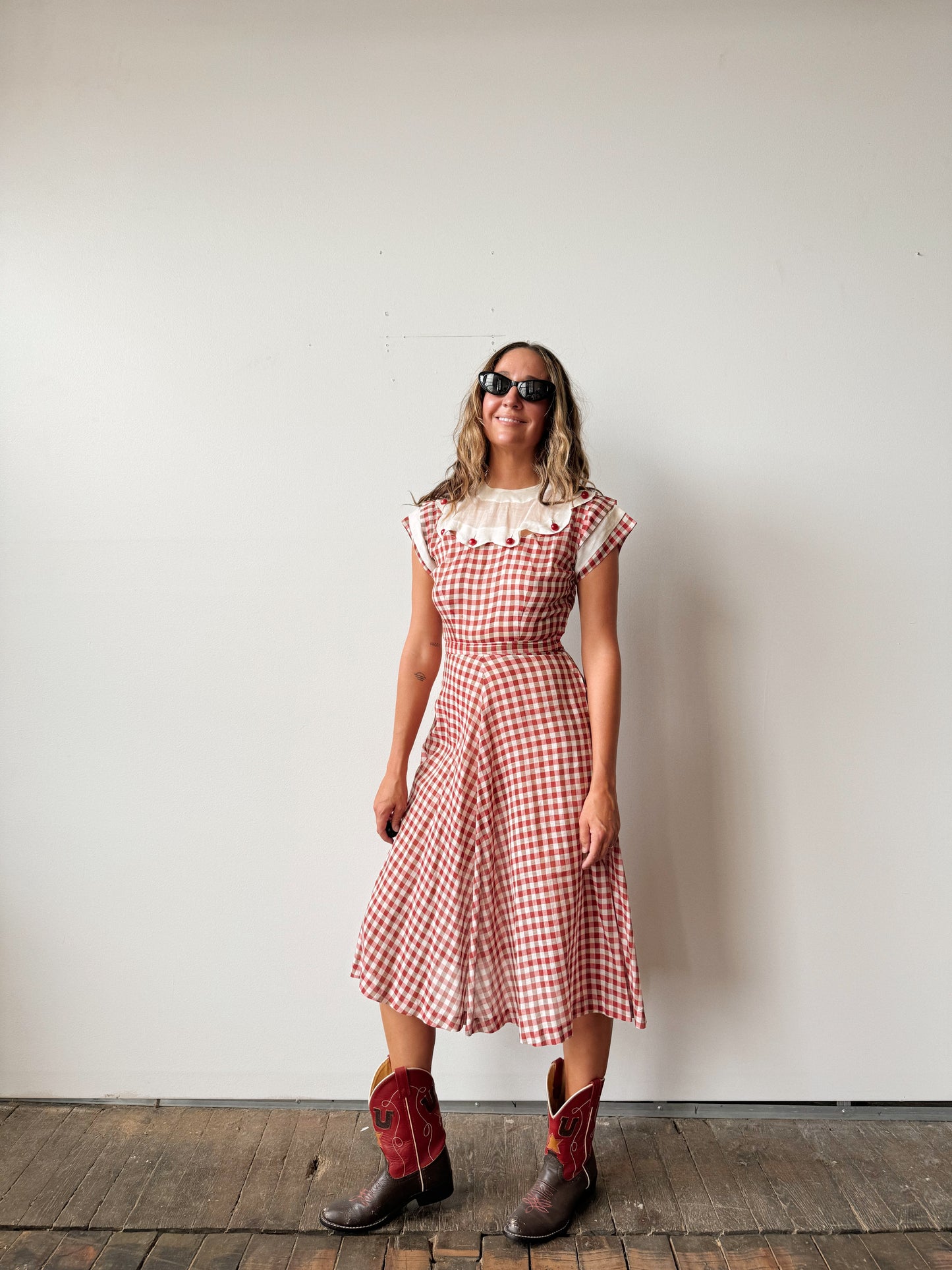 40s Red Buffalo Button Collar Midi Dress (XS)