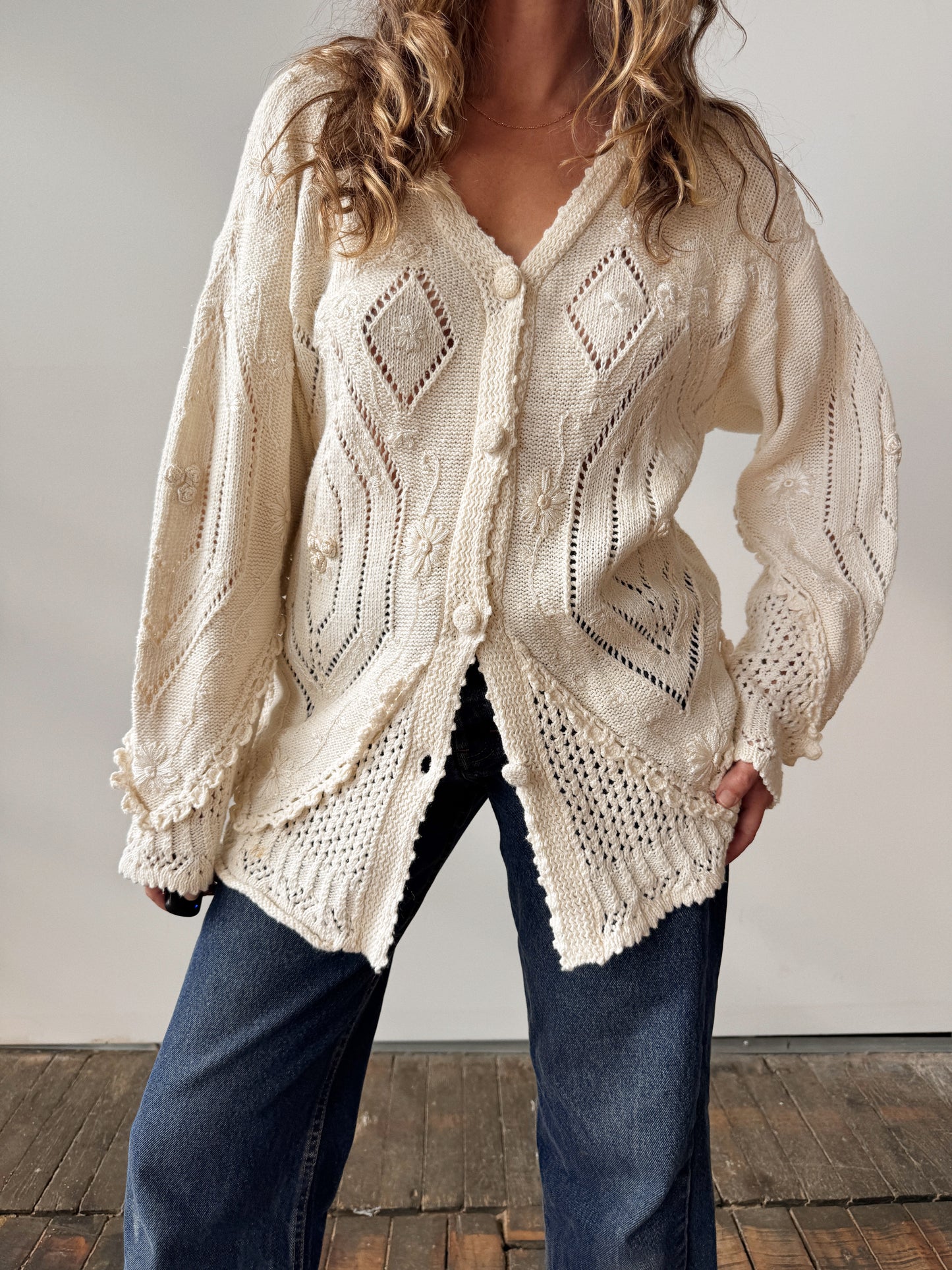 Cream Stone Cardigan Sweater (M)