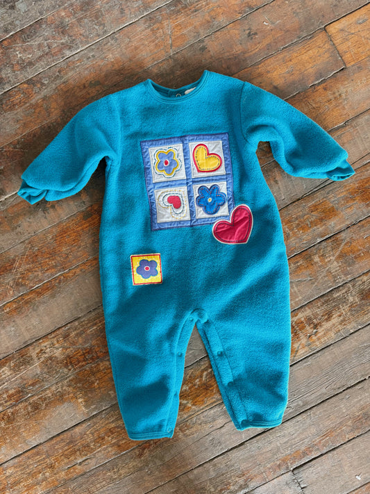 90s Fleece Applique Teal Winter Onesie (12mths)