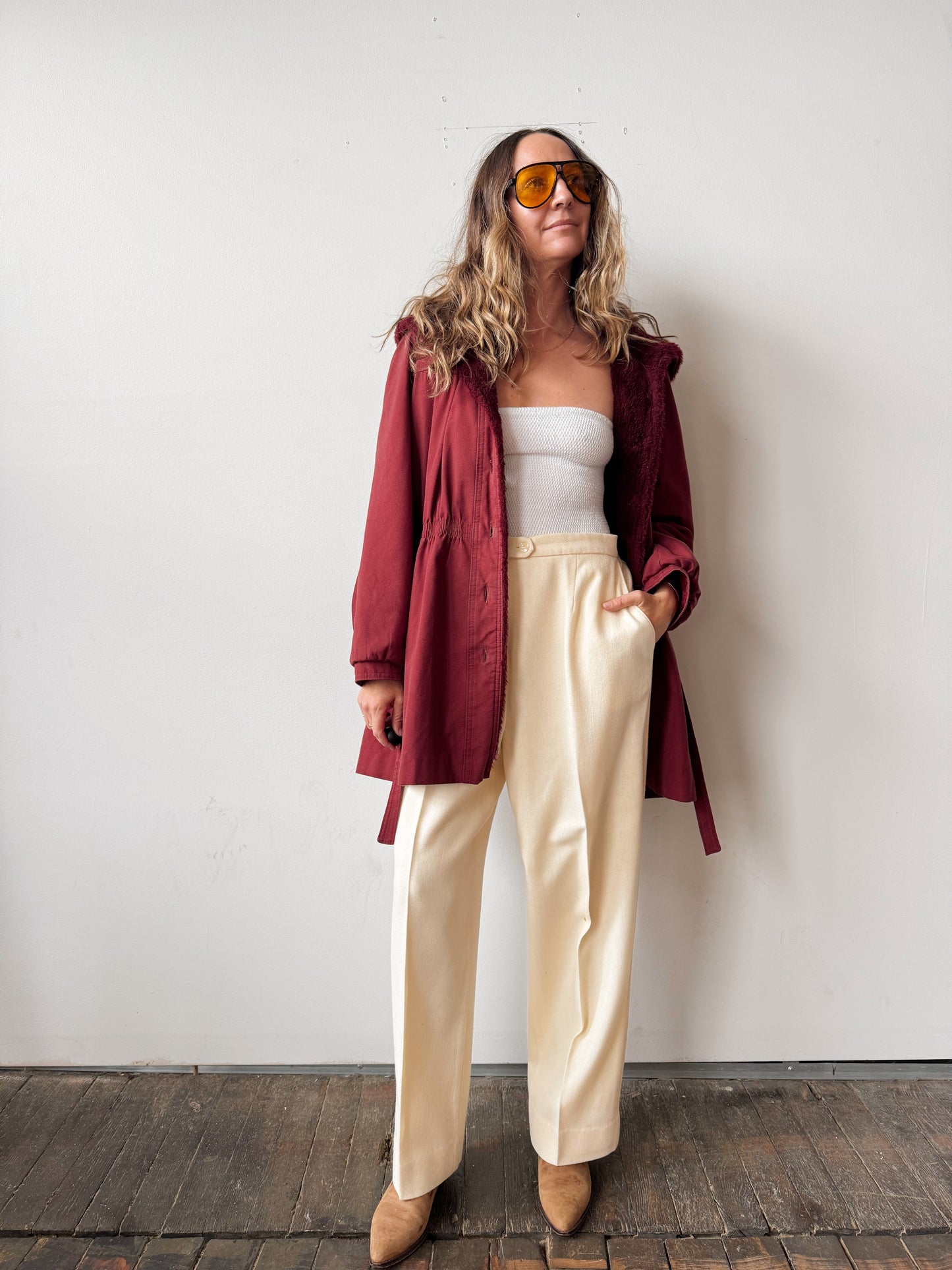 Burgandy Bonders Hooded Faux Fur-lined Coat (M)