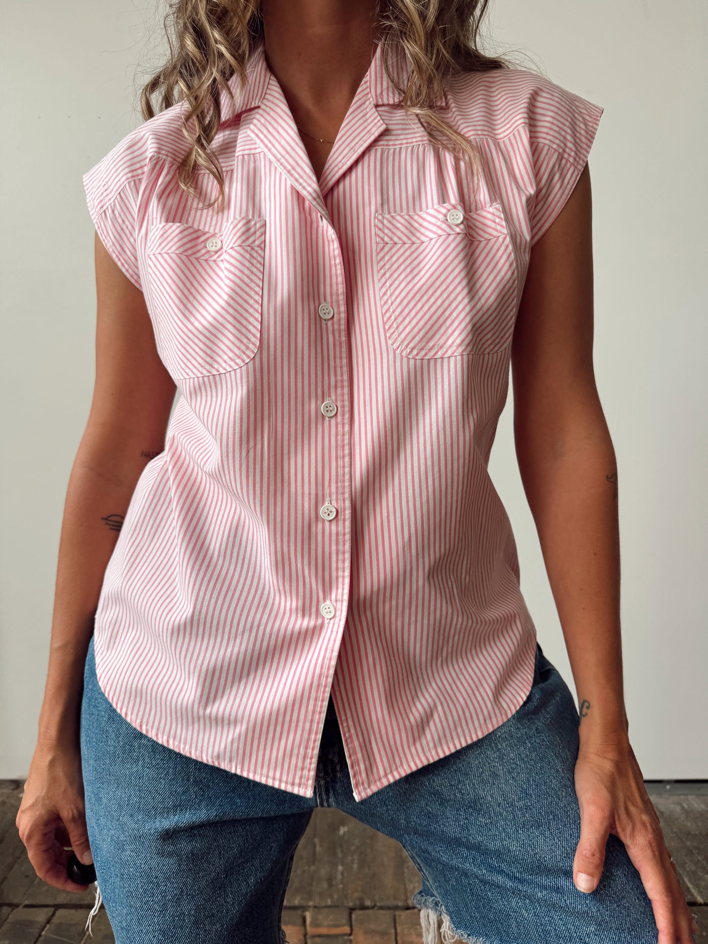 Pink Candy Stripe 80s Blouse (M)