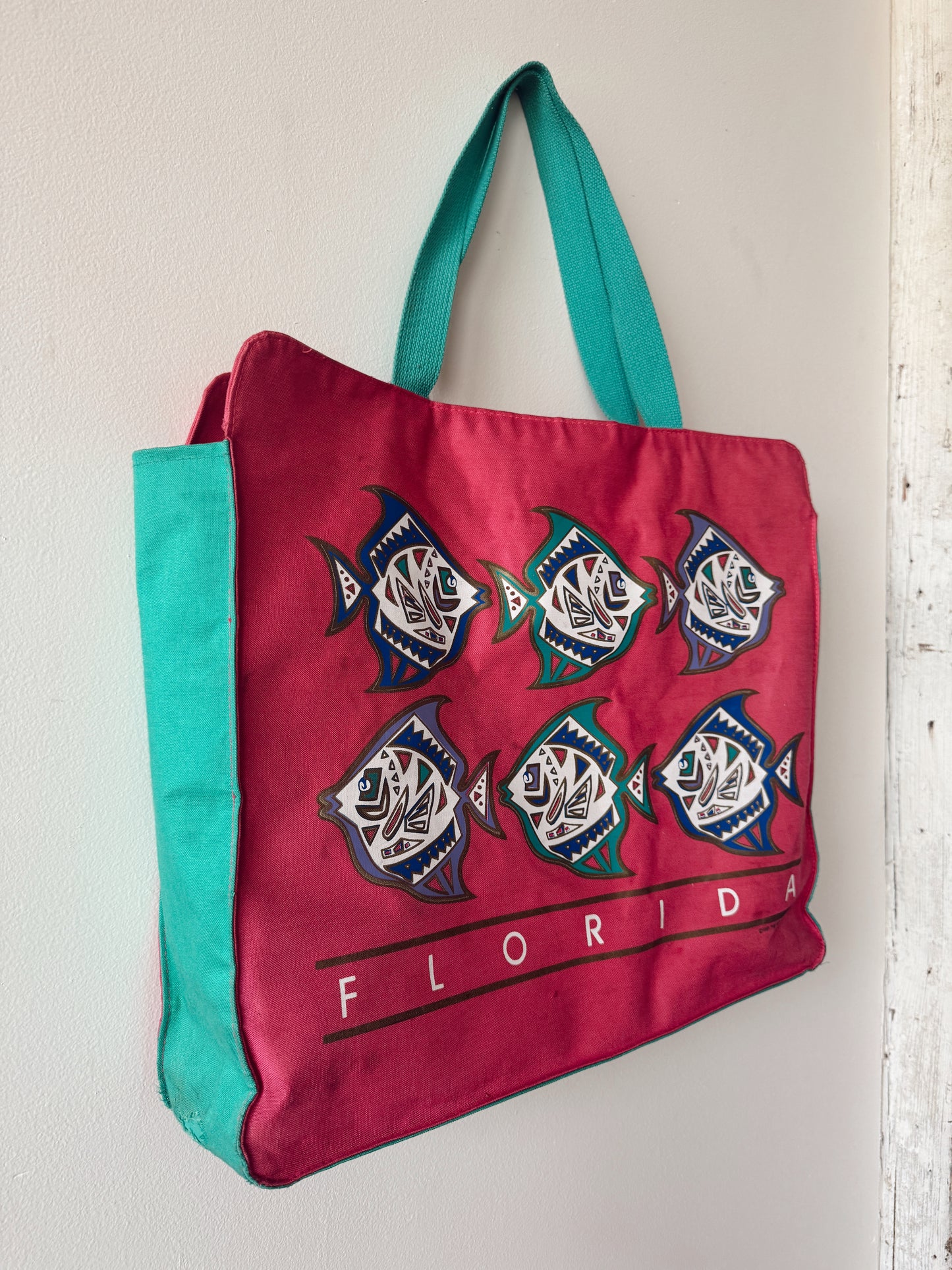 Florida 90s Teal and Pink Fish Tote Bag