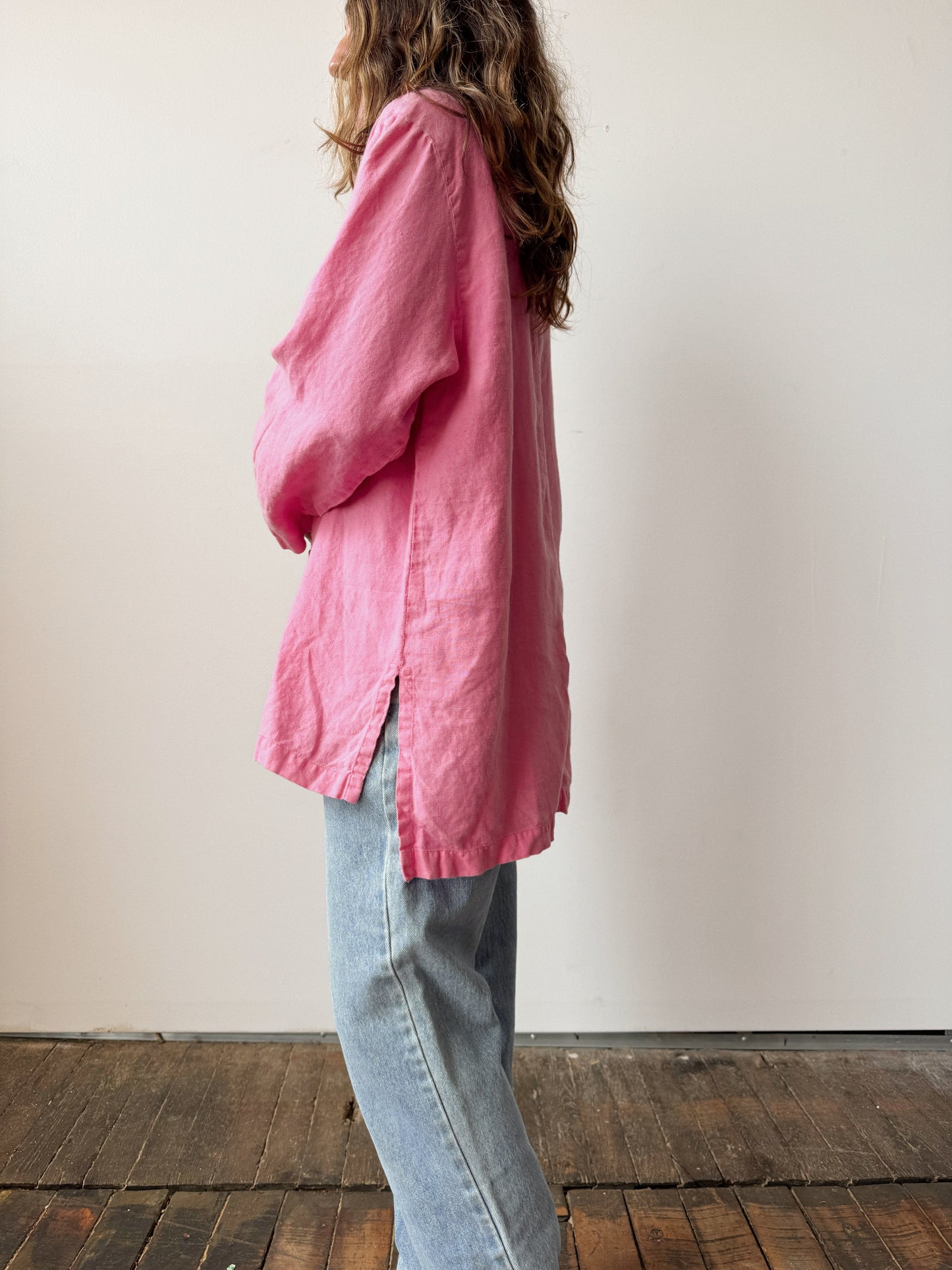 00s Flamingo Linen Button Blouse (L)