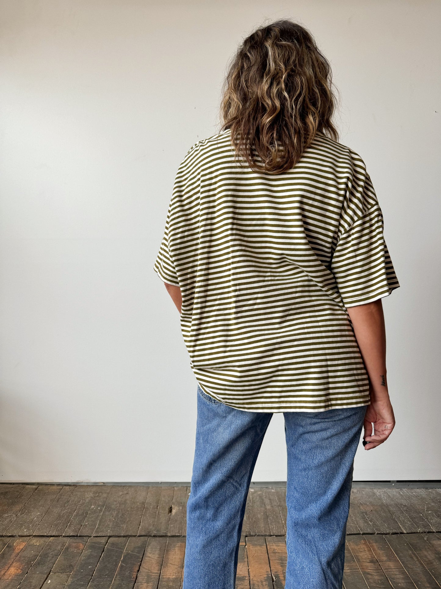 Khaki Stripe Box Tee with Button Sleeve