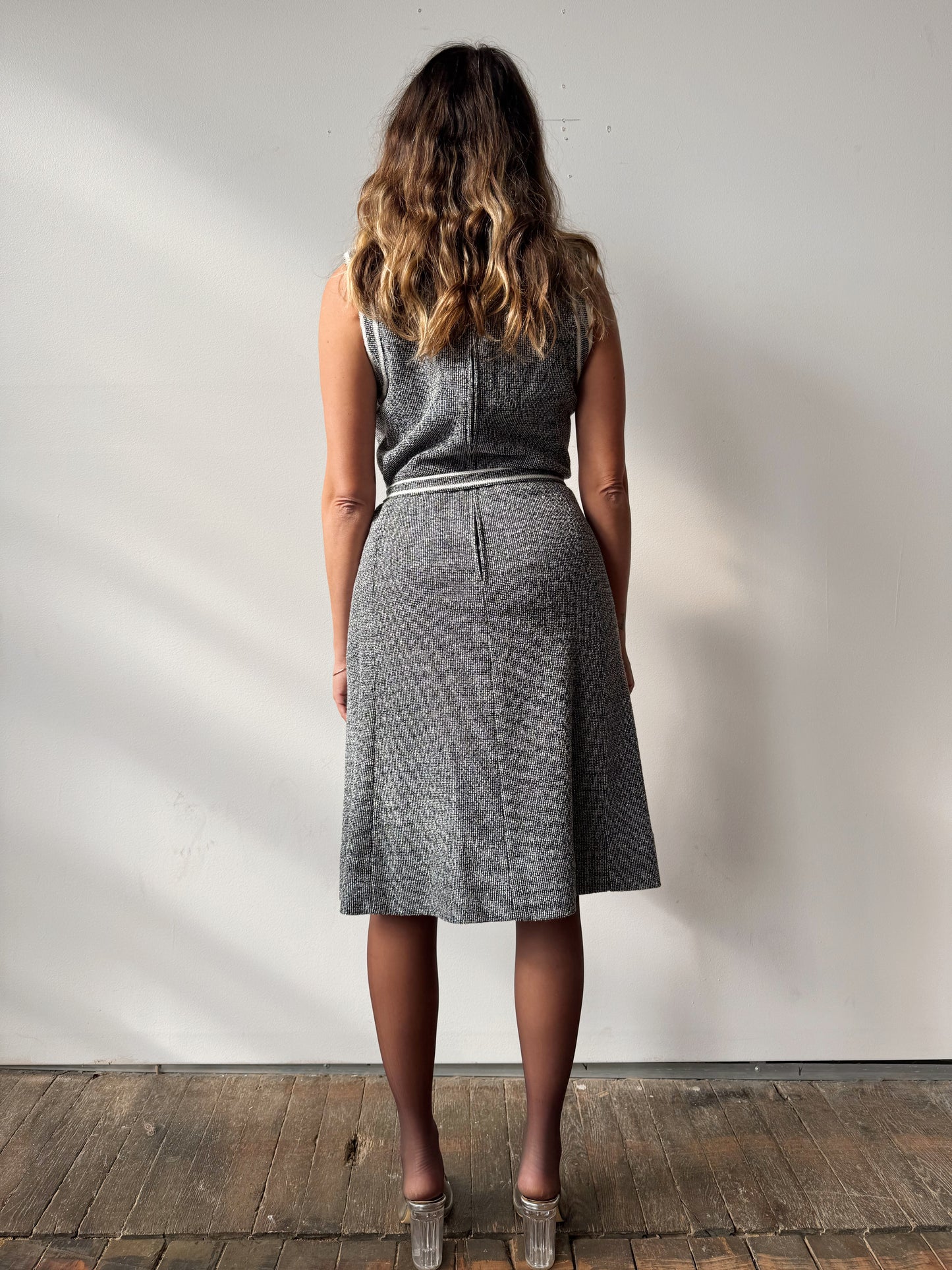 Vintage 70s PLW Silver Metallic Dress with Rhinestone Details (M)