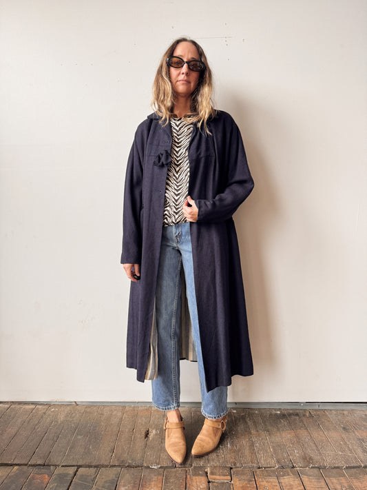 Navy 60s Wool Blend Overcoat with Stripe Lining (M)
