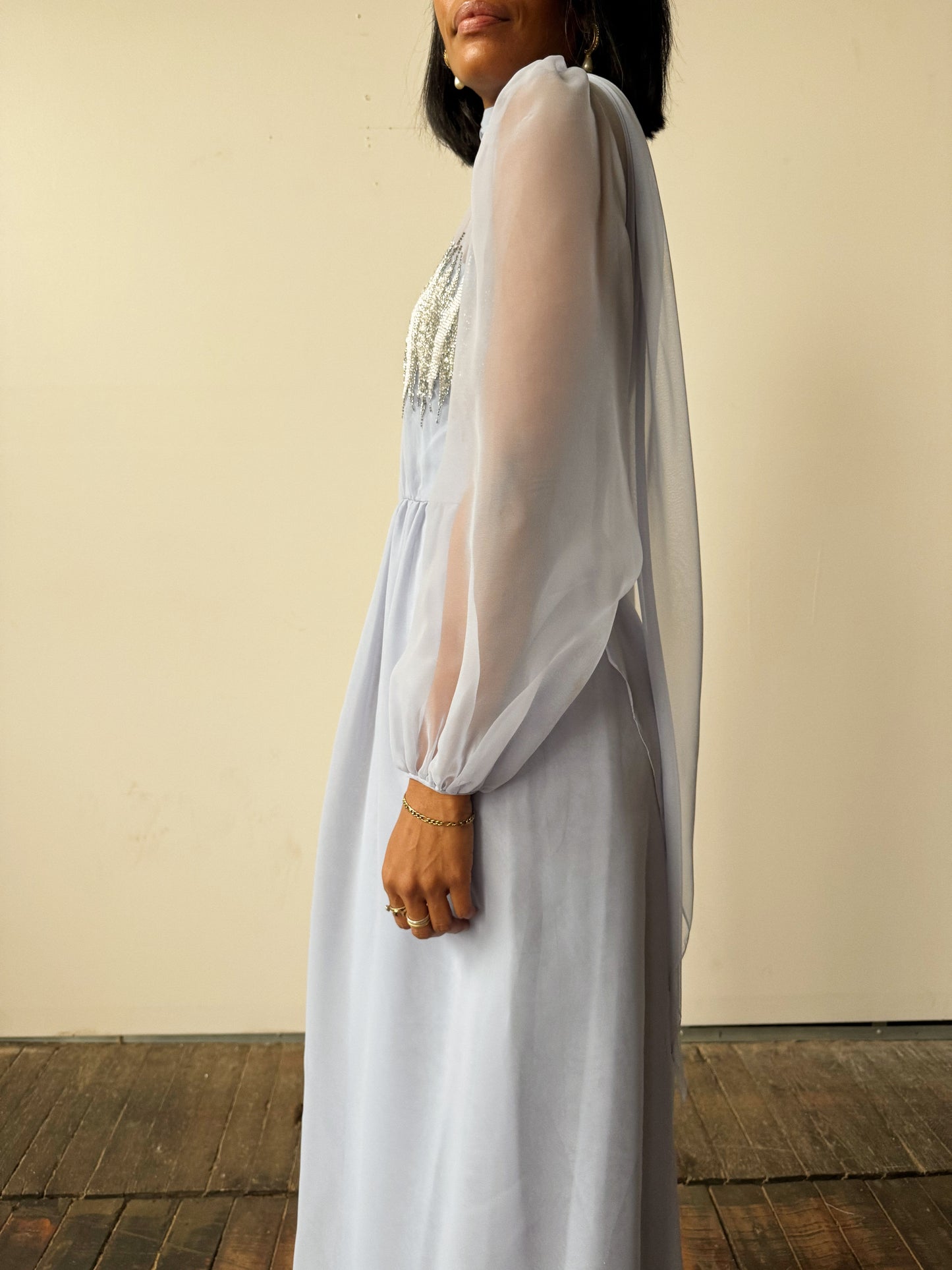 Vintage Beaded Chiffon Sheer Details 70s Dress (M)