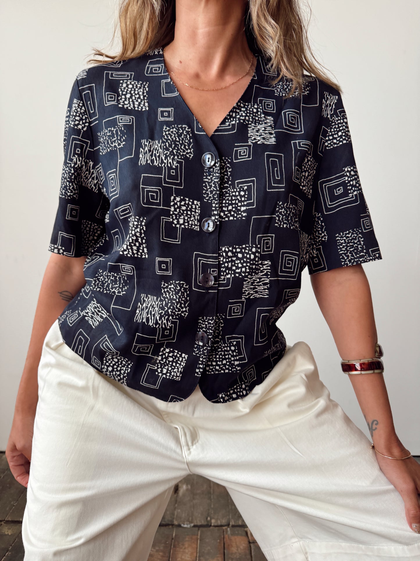 Navy 90s Geometric Pattern Blouse (S)